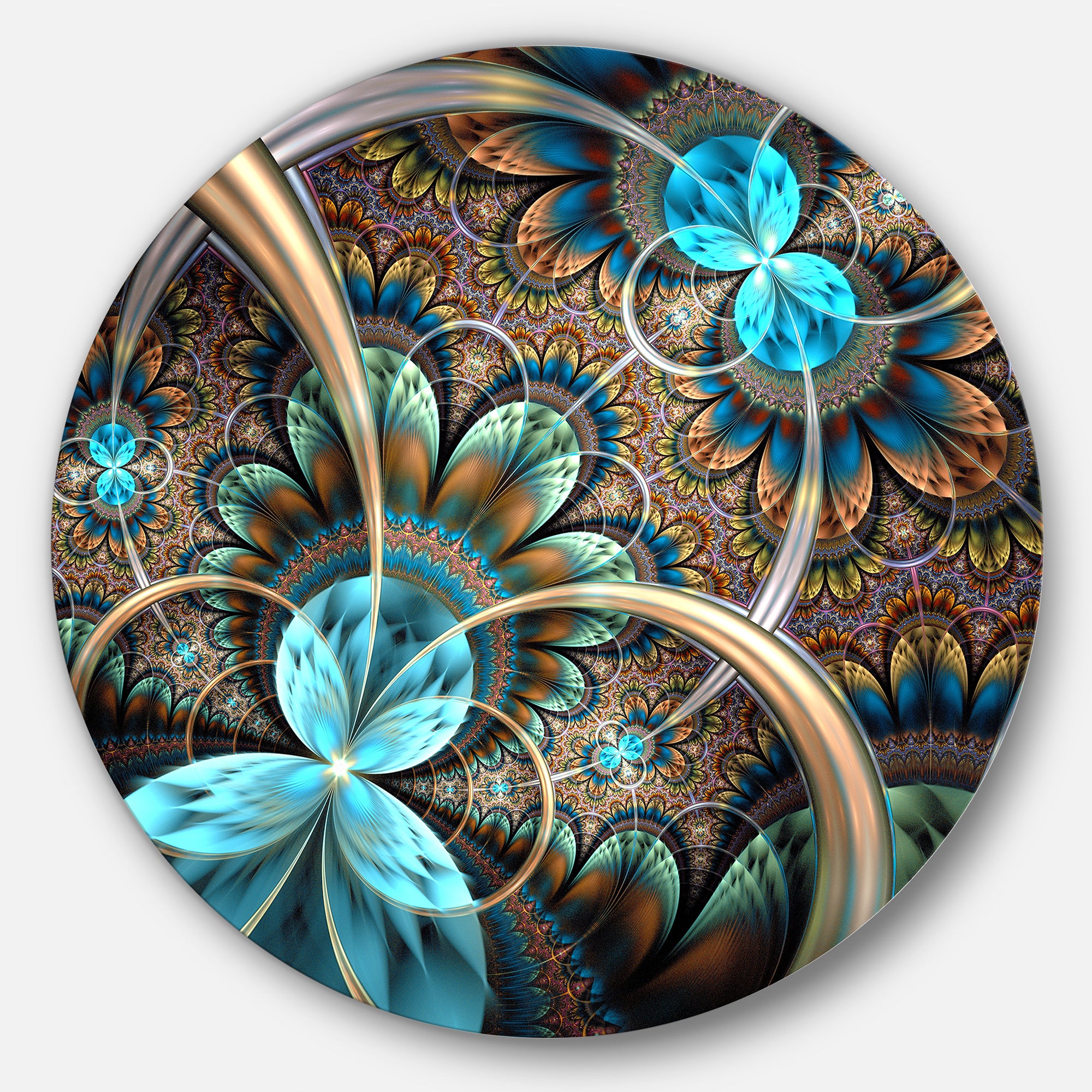 Light Blue Fractal Flower' Disc Floral Circle Metal Wall Art