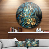 Symmetrical Blue Gold Fractal Flower' Disc Large Contemporary Circle Metal Wall Arts