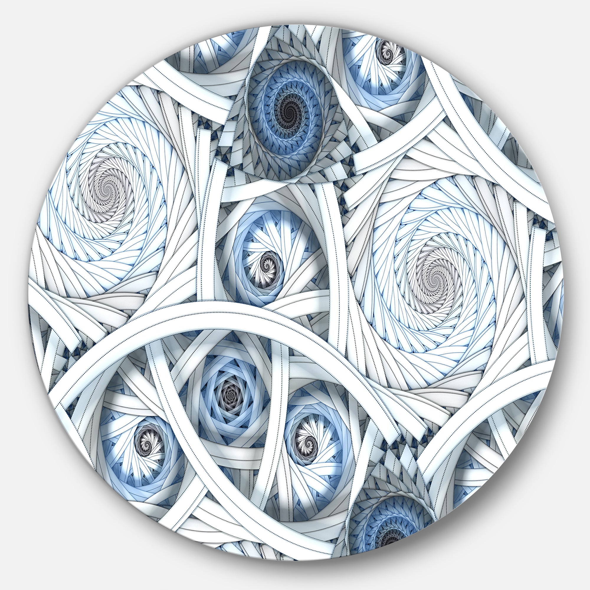 White Spiral with Blue Fractal Art' Disc Large Abstract Circle Metal Wall Art