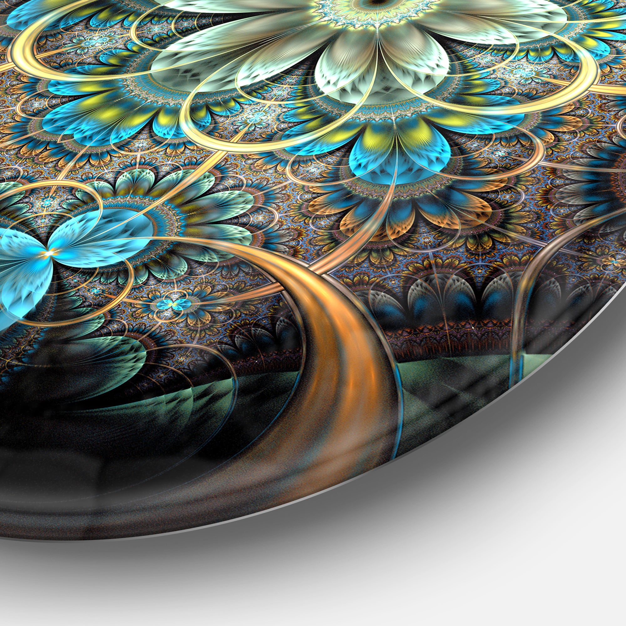 Lighted Blue Fractal Blue Flowers' Disc Floral Circle Metal Wall Art