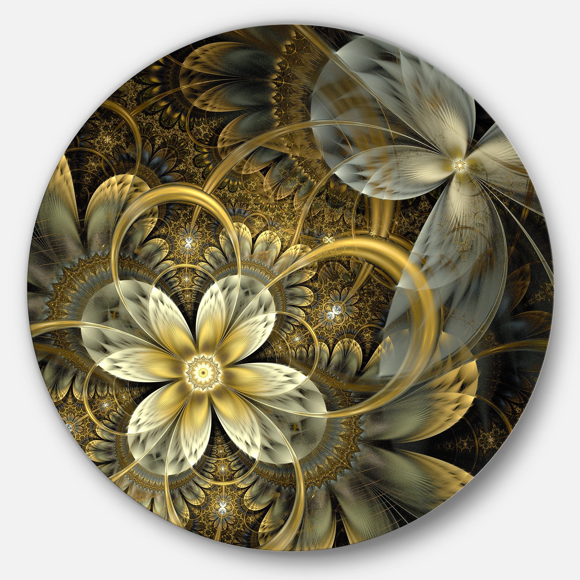 Fractal Orange Yellow Flowers' Disc Floral Circle Metal Wall Art