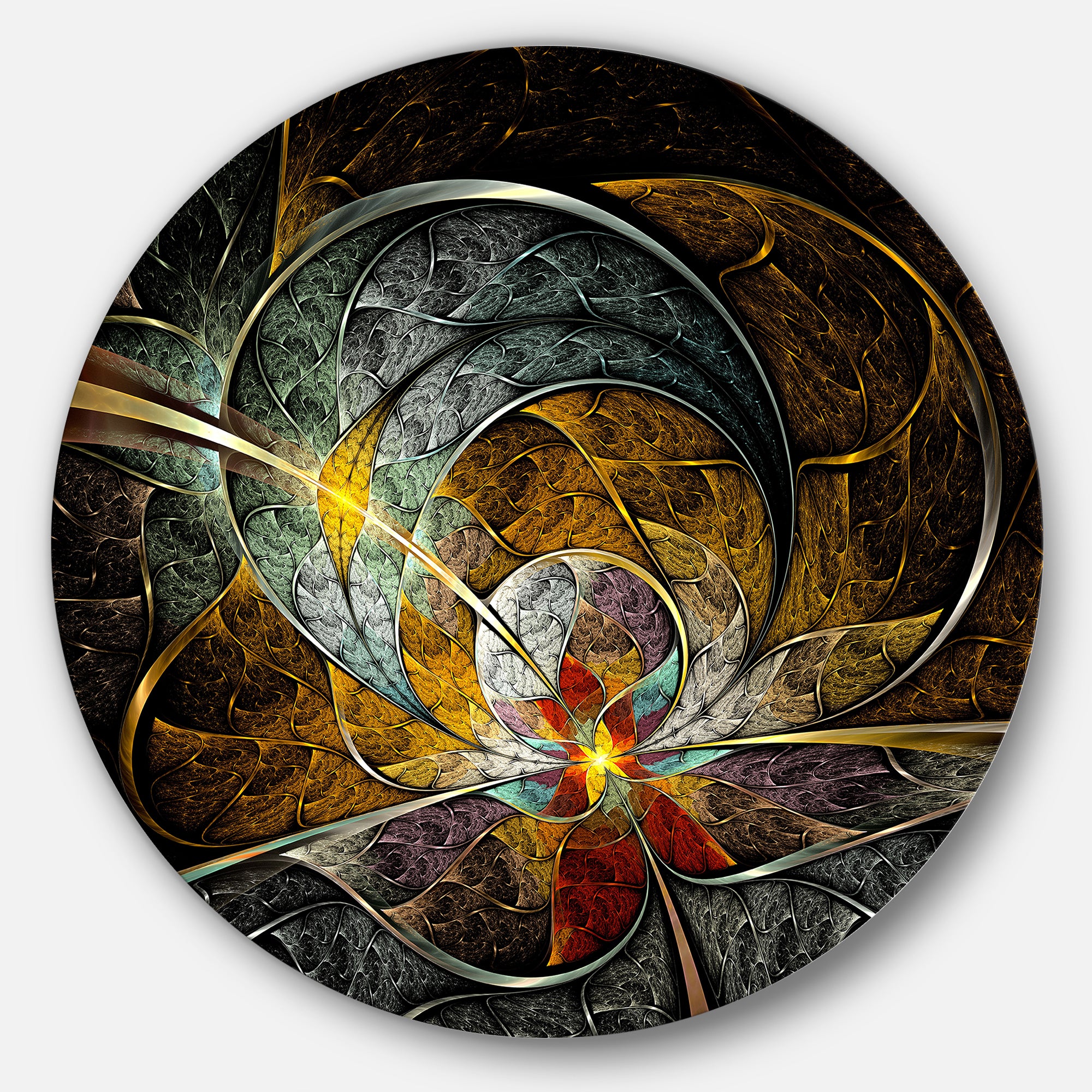 Symmetrical Yellow Digital Art Flower' Disc Floral Circle Metal Wall Art