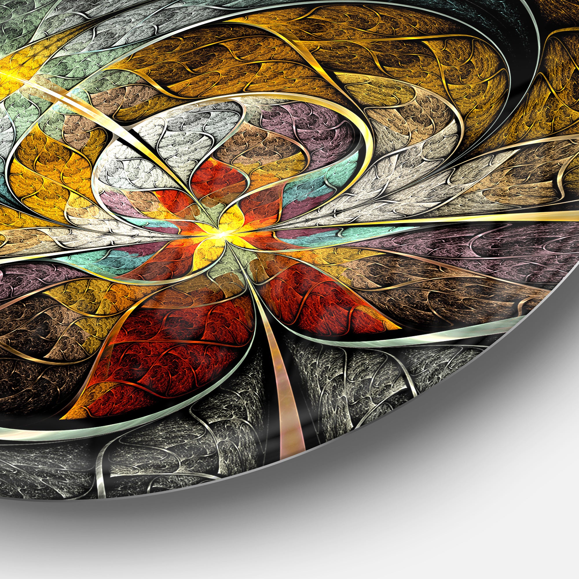 Symmetrical Yellow Digital Art Flower' Disc Floral Circle Metal Wall Art