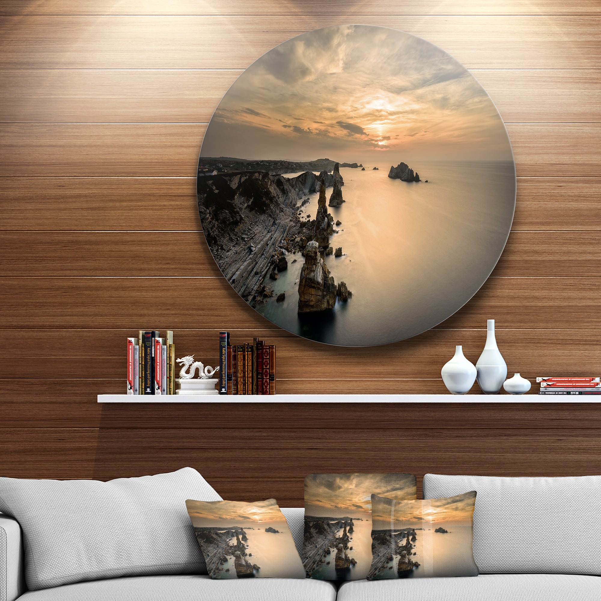 Liencres Rocks on Coast in Spain' Disc Landscape Circle Metal Wall Art