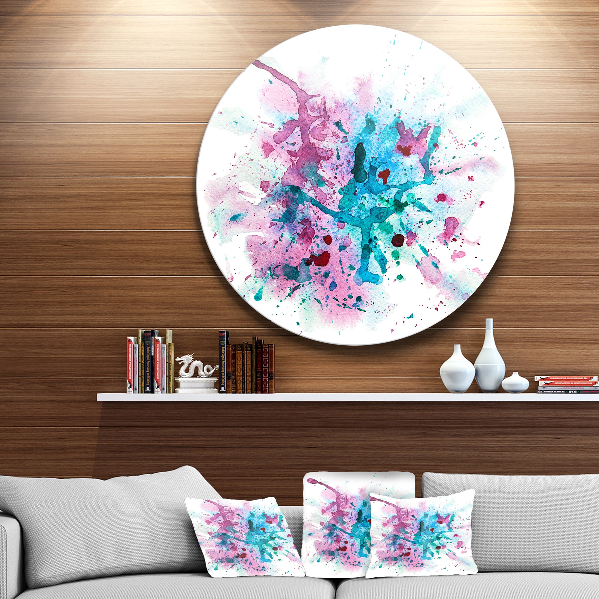 Blue and Purple Paint Stain' Disc Abstract Watercolor Circle Metal Wall Art