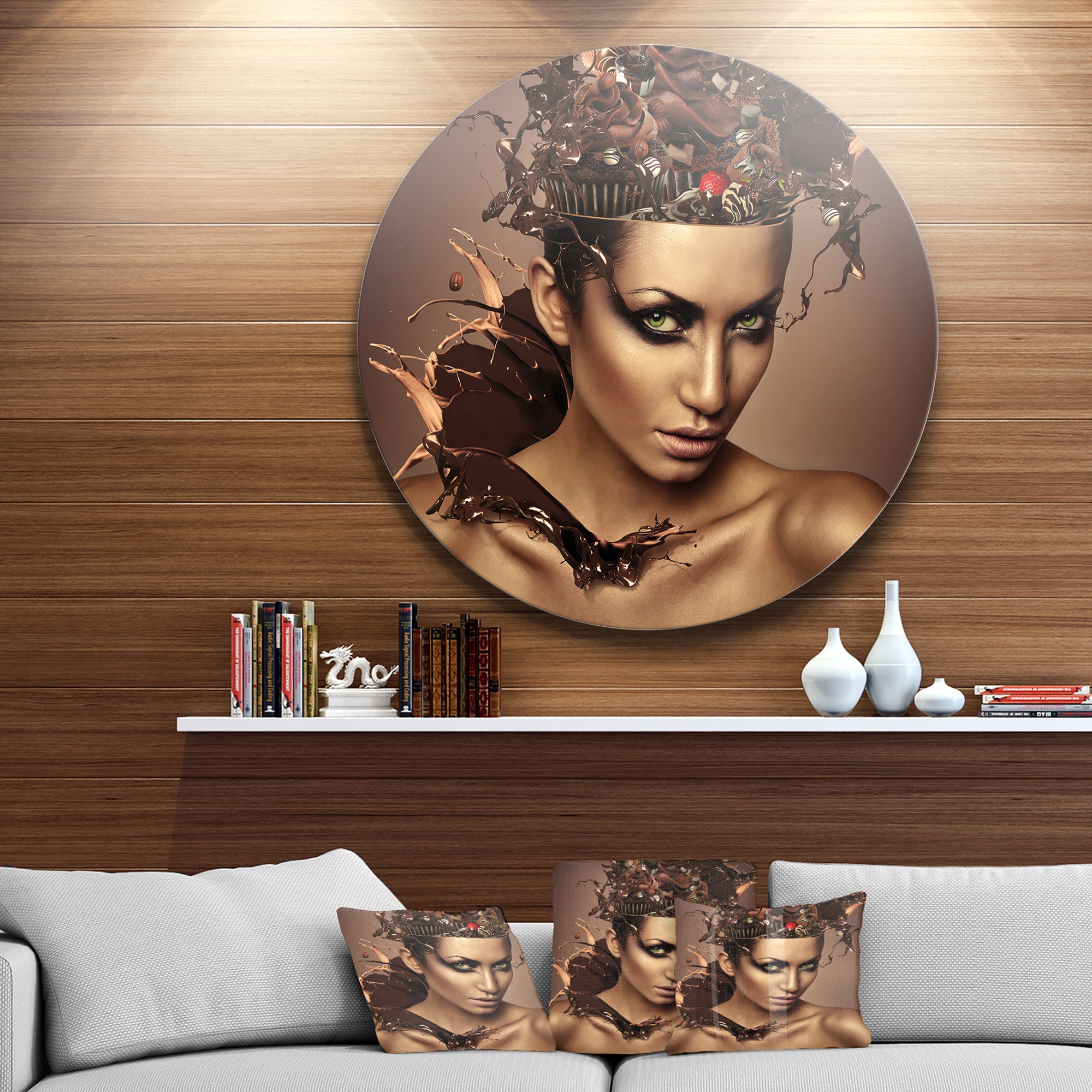 Woman with Chocolate in Head' Disc Portrait Circle Metal Wall Art