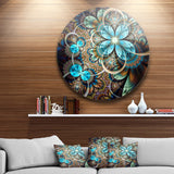 Colorful Fractal Flowers with Blue Shade' Disc Large Contemporary Circle Metal Wall Arts