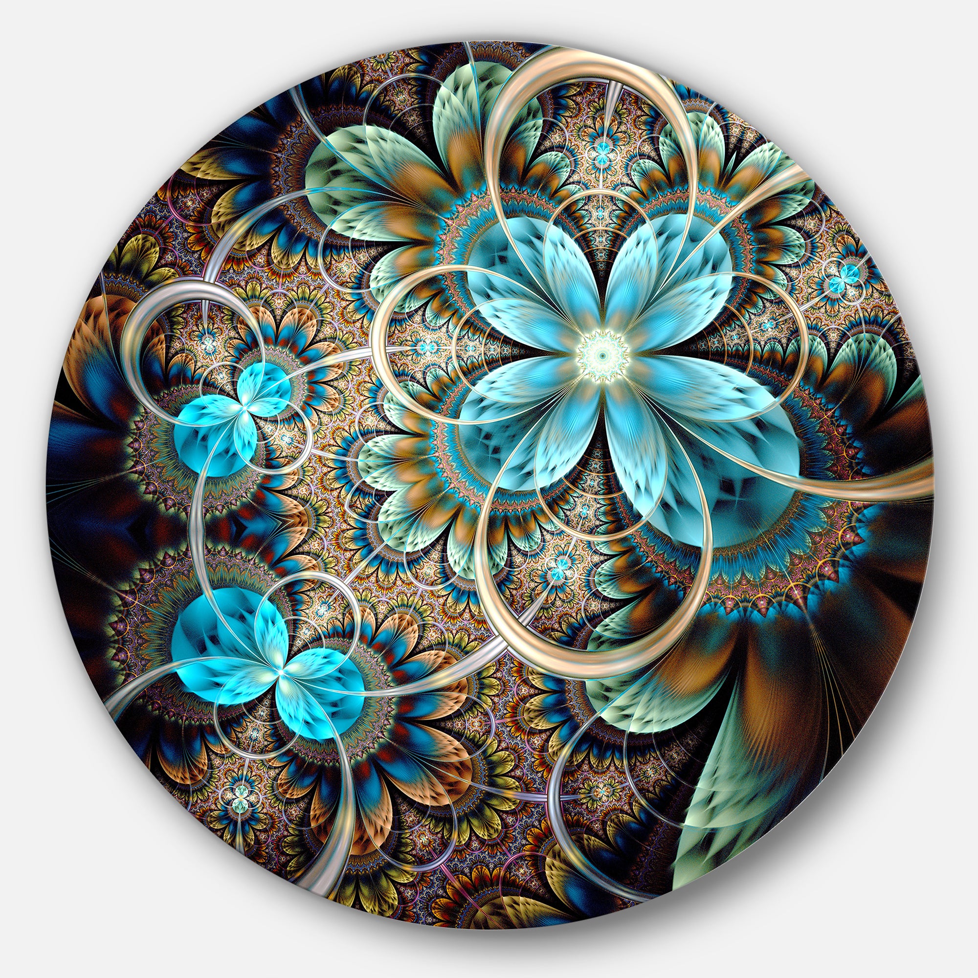 Colorful Fractal Flowers with Blue Shade' Disc Large Contemporary Circle Metal Wall Arts