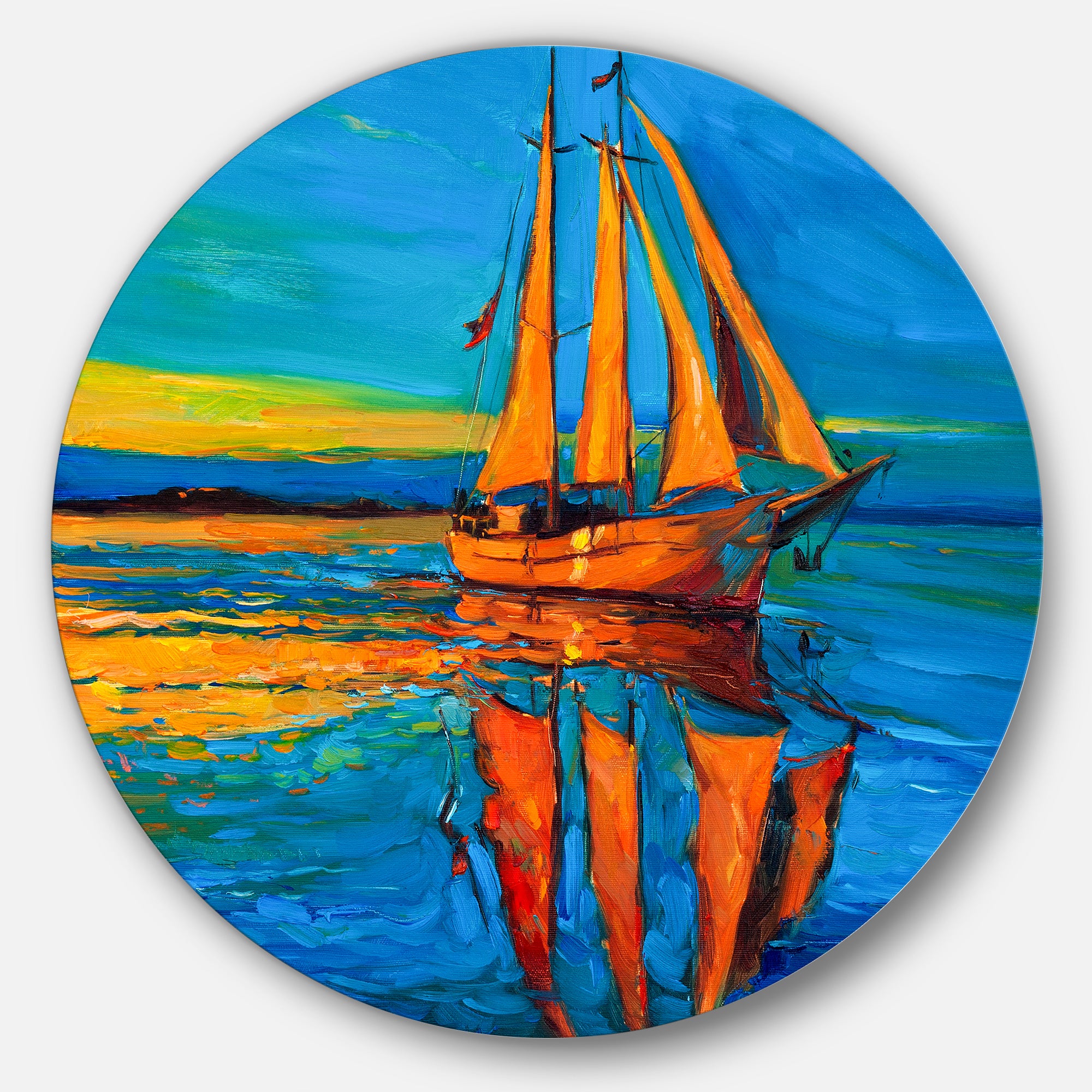 Brown Sailing Boat' Disc Seascape Circle Metal Wall Art