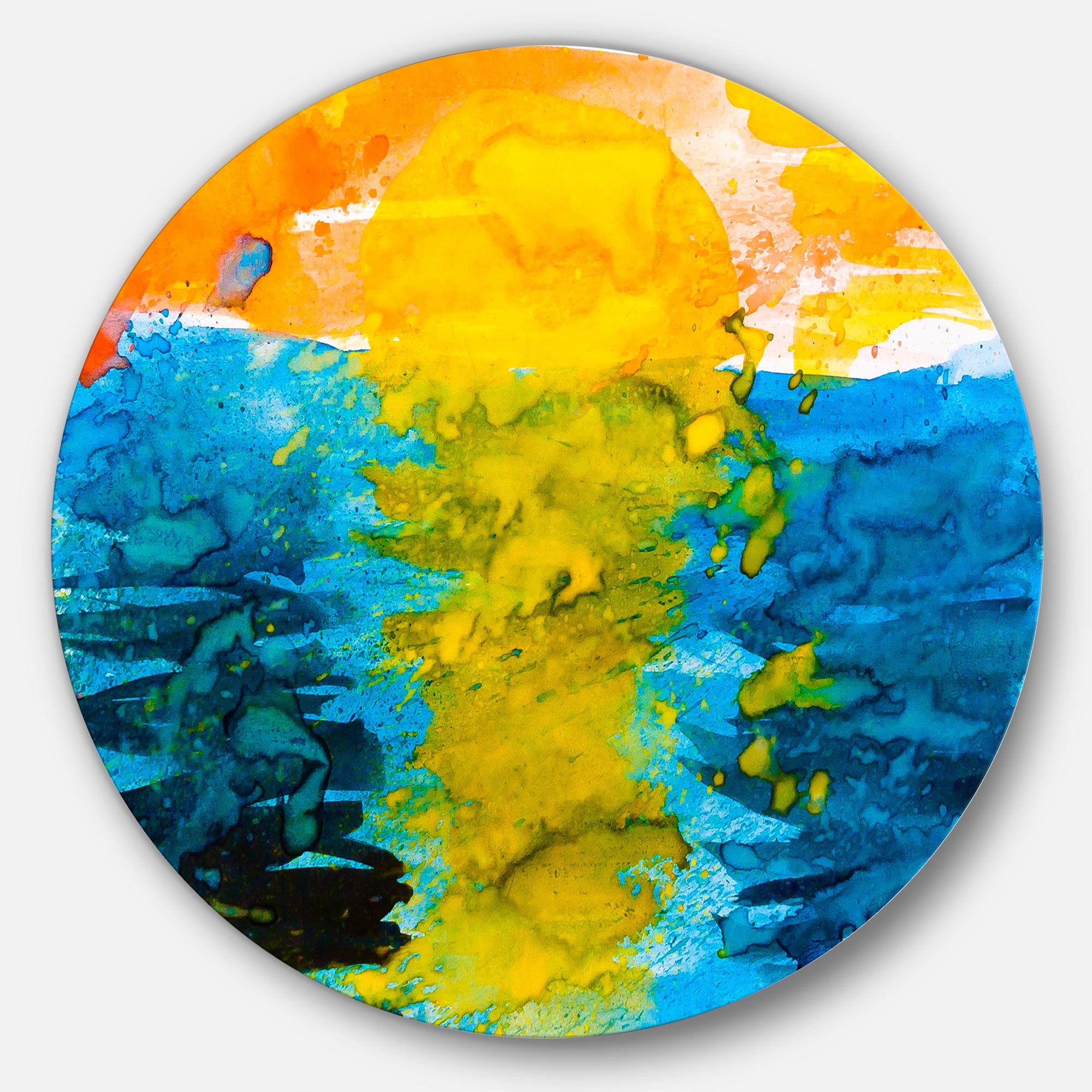 Sea Texture in Yellow Blue' Disc Large Contemporary Circle Metal Wall Art