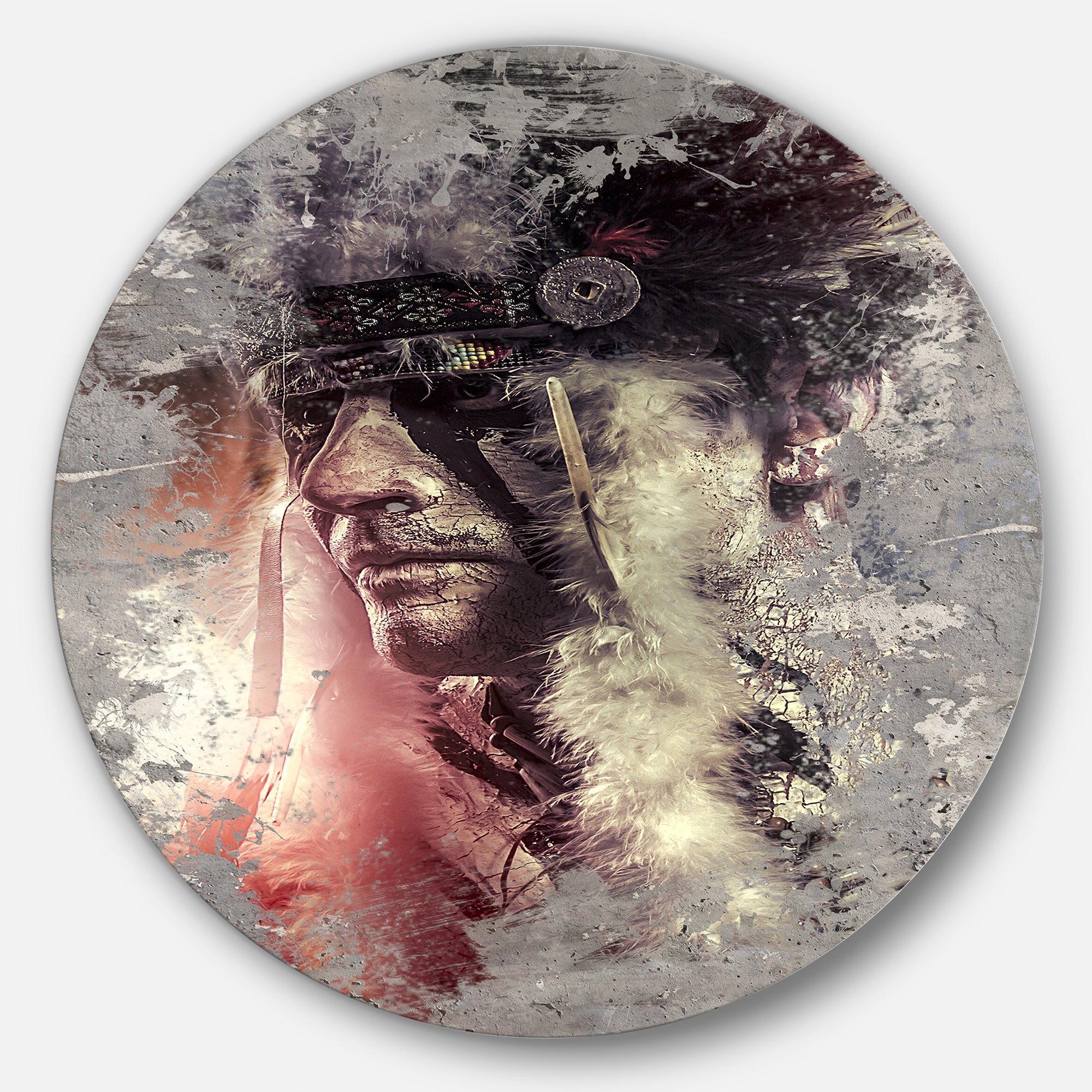 Native American Indian Warrior' Abstract Portrait Circle Metal Wall Art