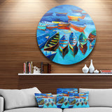 Boats in Blue Sea' Seascape Circle Metal Wall Art