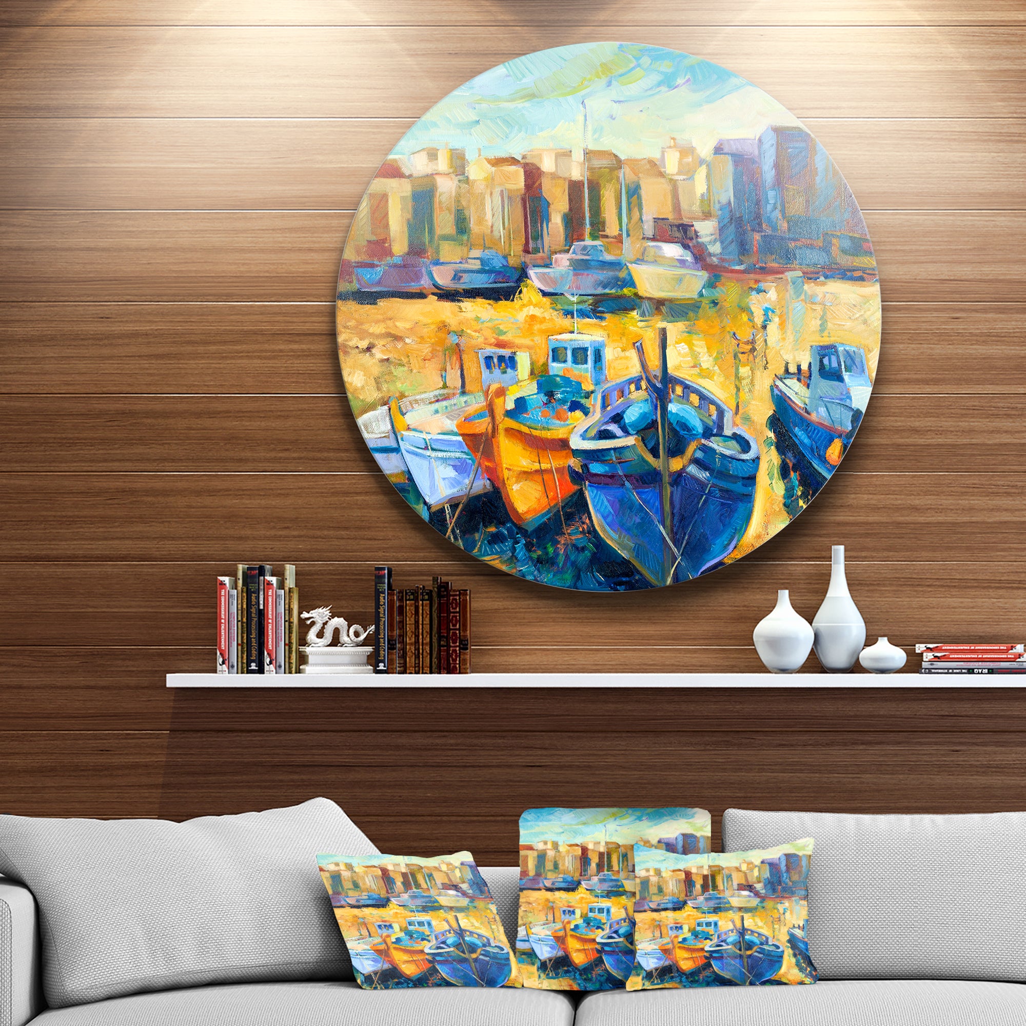 Wharf and Boats' Seascape Circle Metal Wall Art