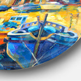 Wharf and Boats' Seascape Circle Metal Wall Art