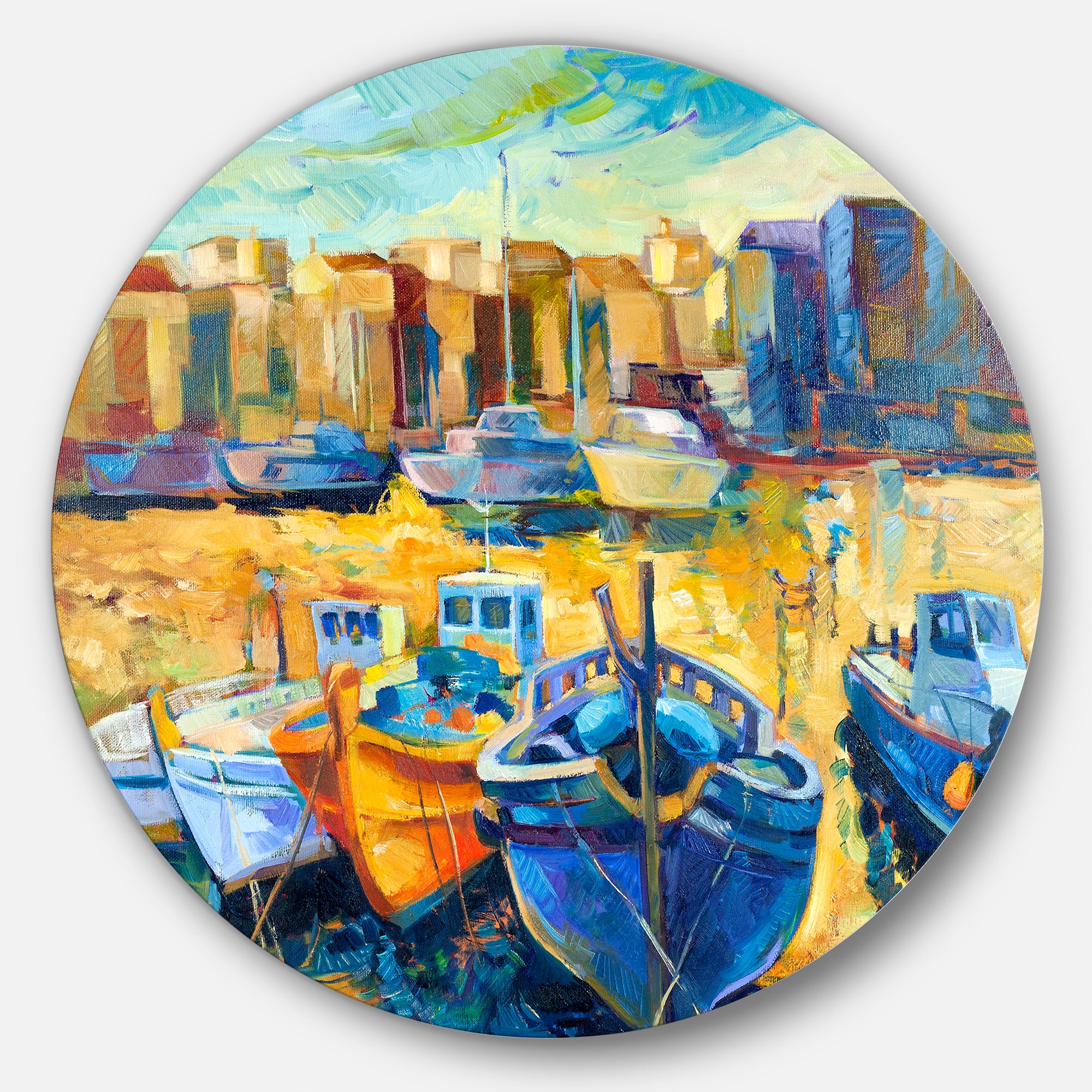 Wharf and Boats' Seascape Circle Metal Wall Art