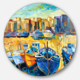 Wharf and Boats' Seascape Circle Metal Wall Art