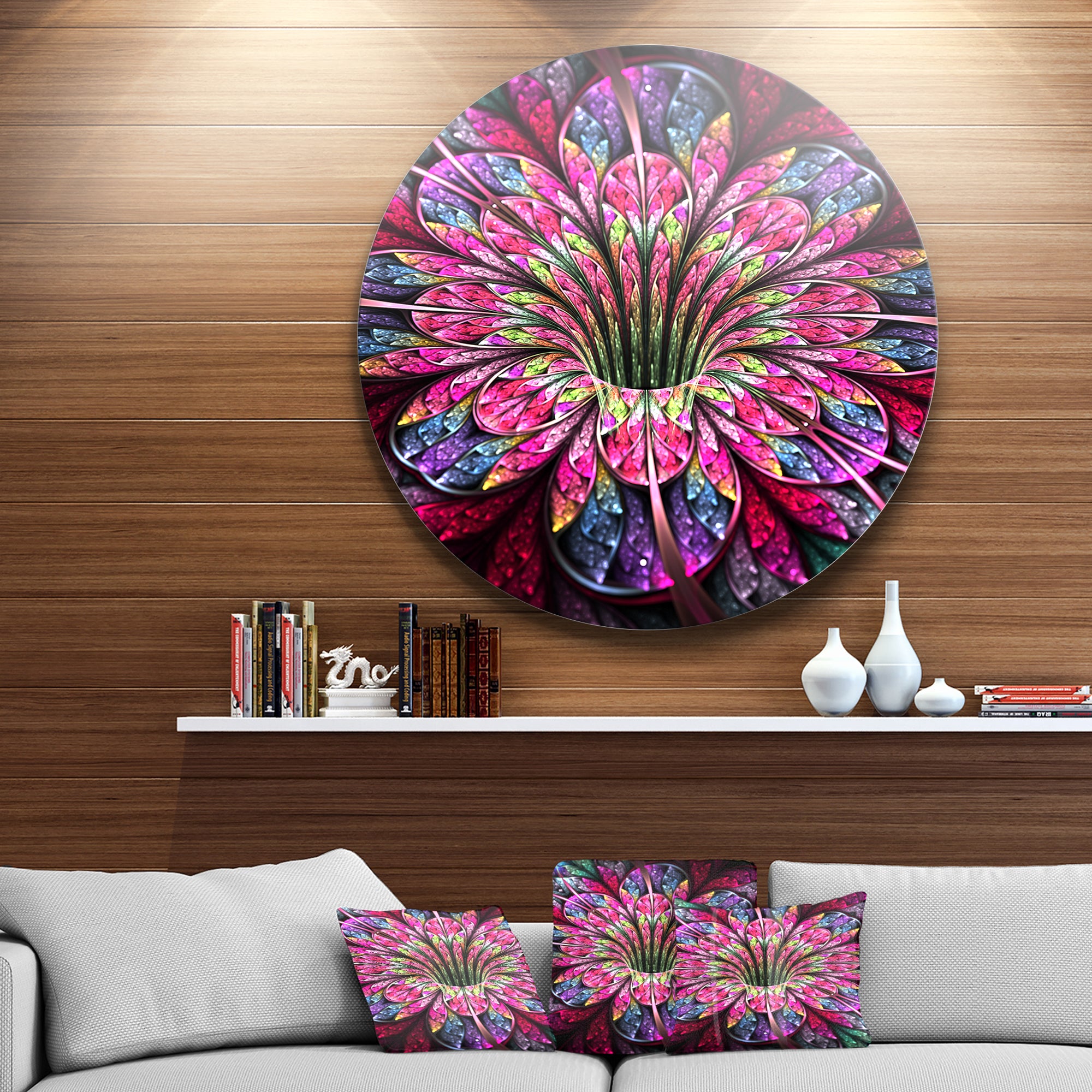 Pink Blue Colorful Flower' Floral Circle Metal Wall Art