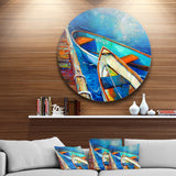 Boats and Pier in Blue Shade' Seascape Circle Metal Wall Art