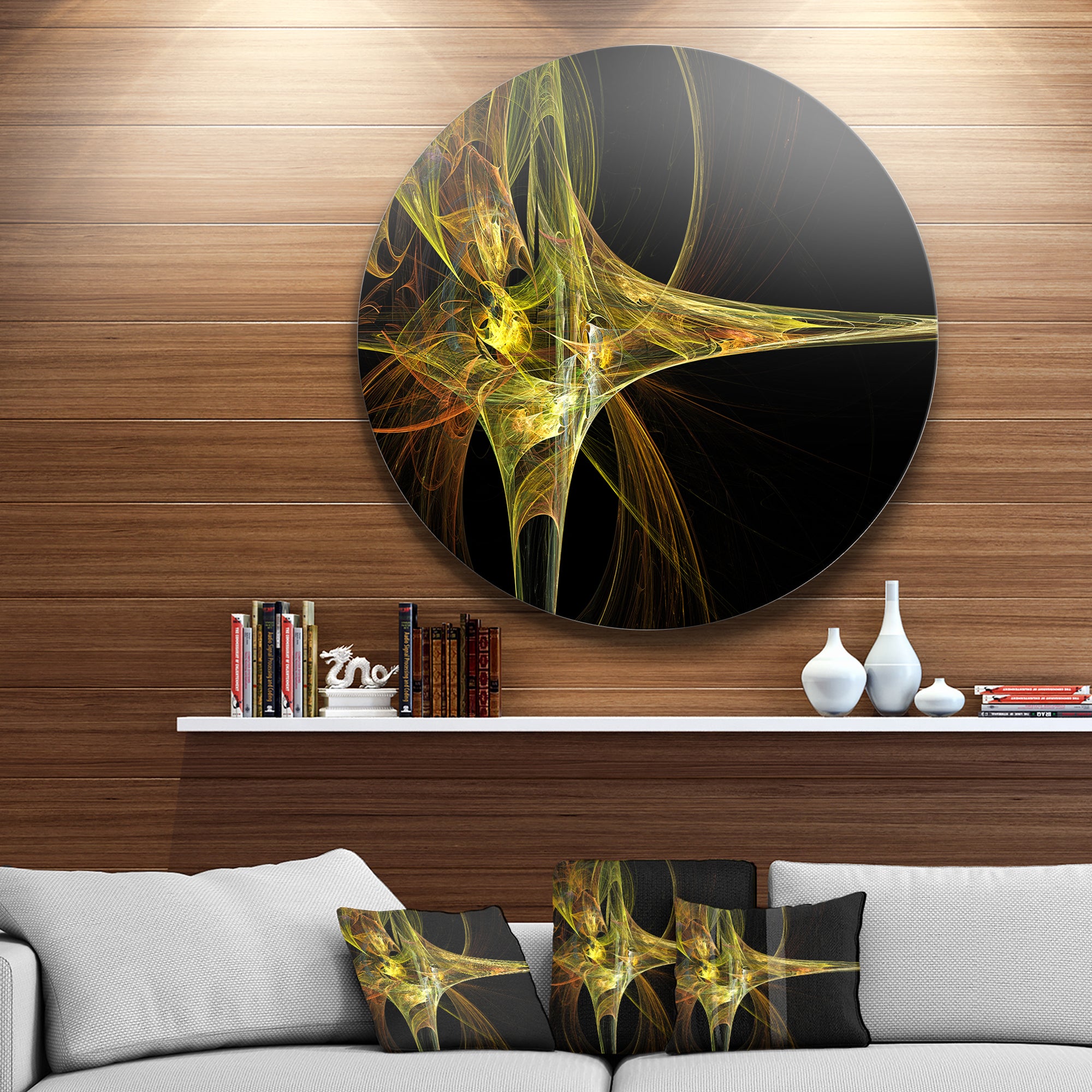 Large Fractal Artwork Yellow' Abstract Circle Metal Wall Art