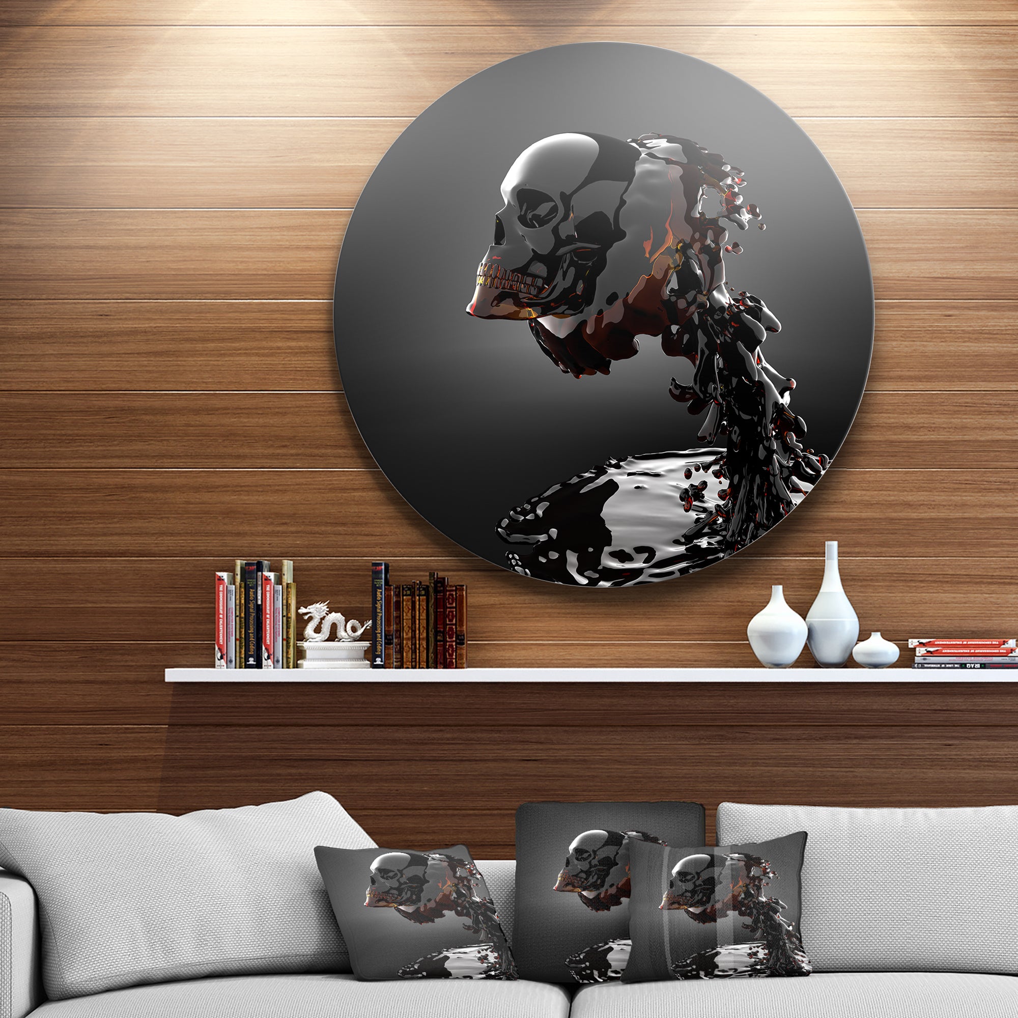 Skull in Liquid' Abstract Portrait Circle Metal Wall Art