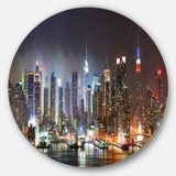 Lit NYC Manhattan Skyline' Cityscape Photo Circle Circle Metal Wall Art