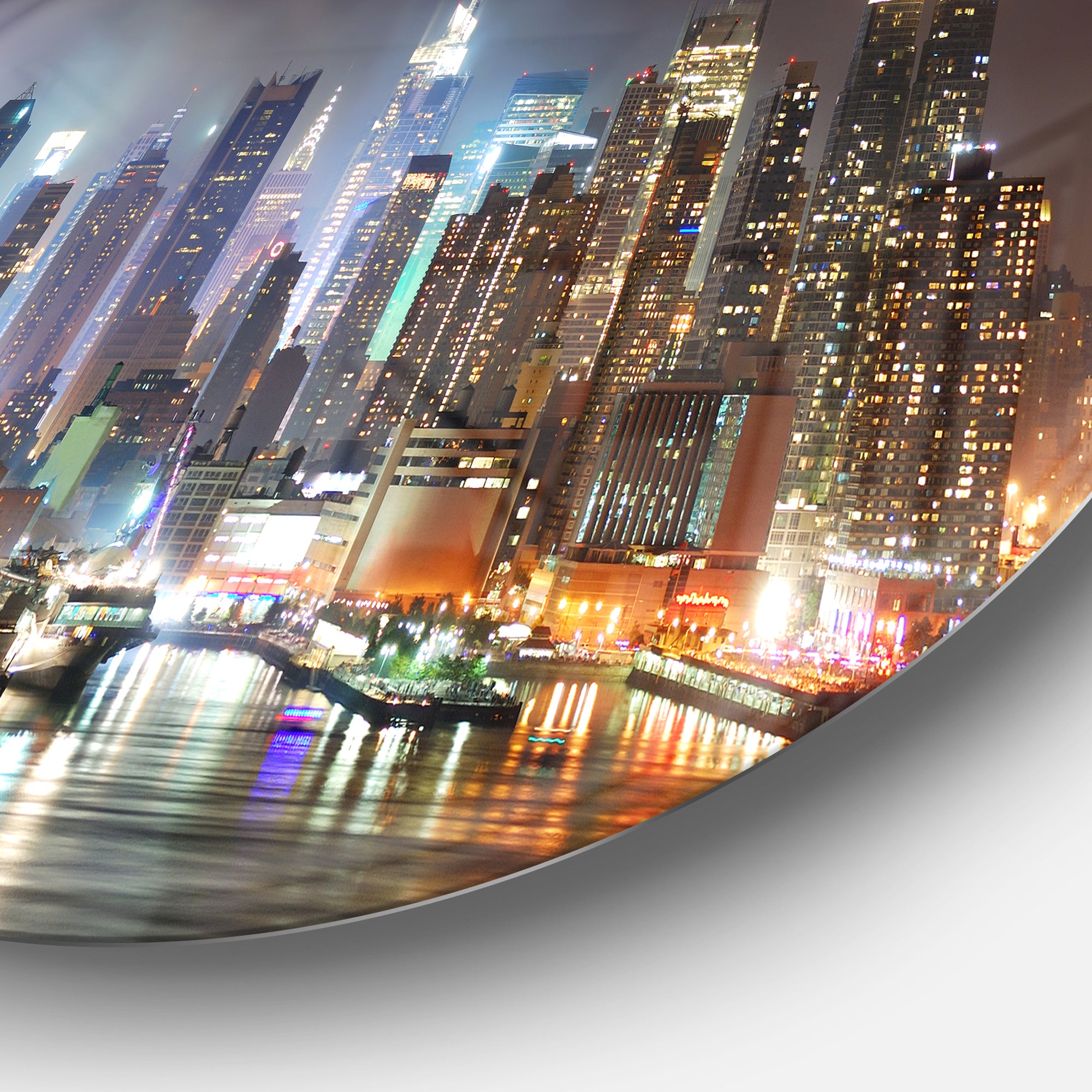Lit NYC Manhattan Skyline' Cityscape Photo Circle Circle Metal Wall Art