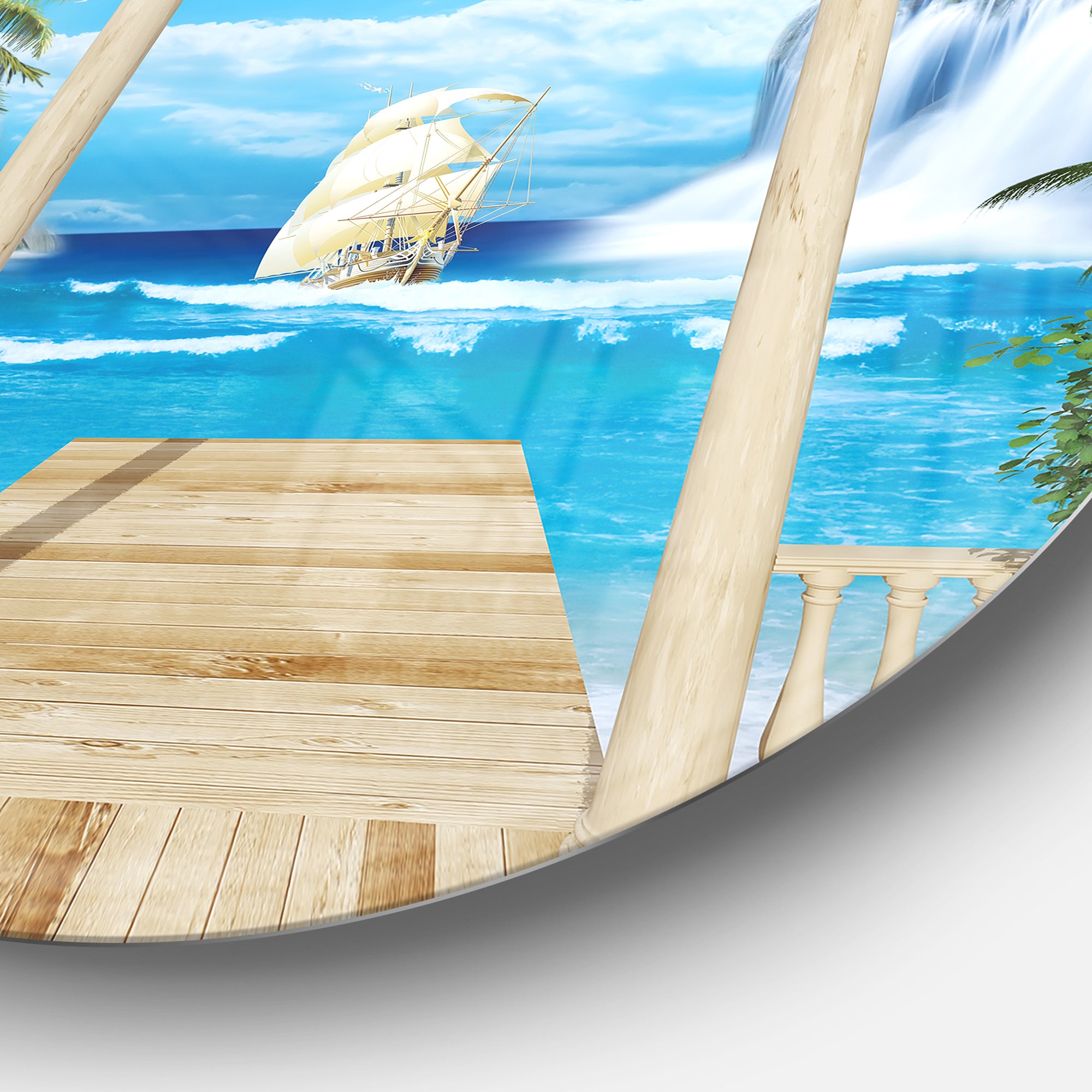 Wooden Terrace with Sea View' Landscape Photography Circle Circle Metal Wall Art