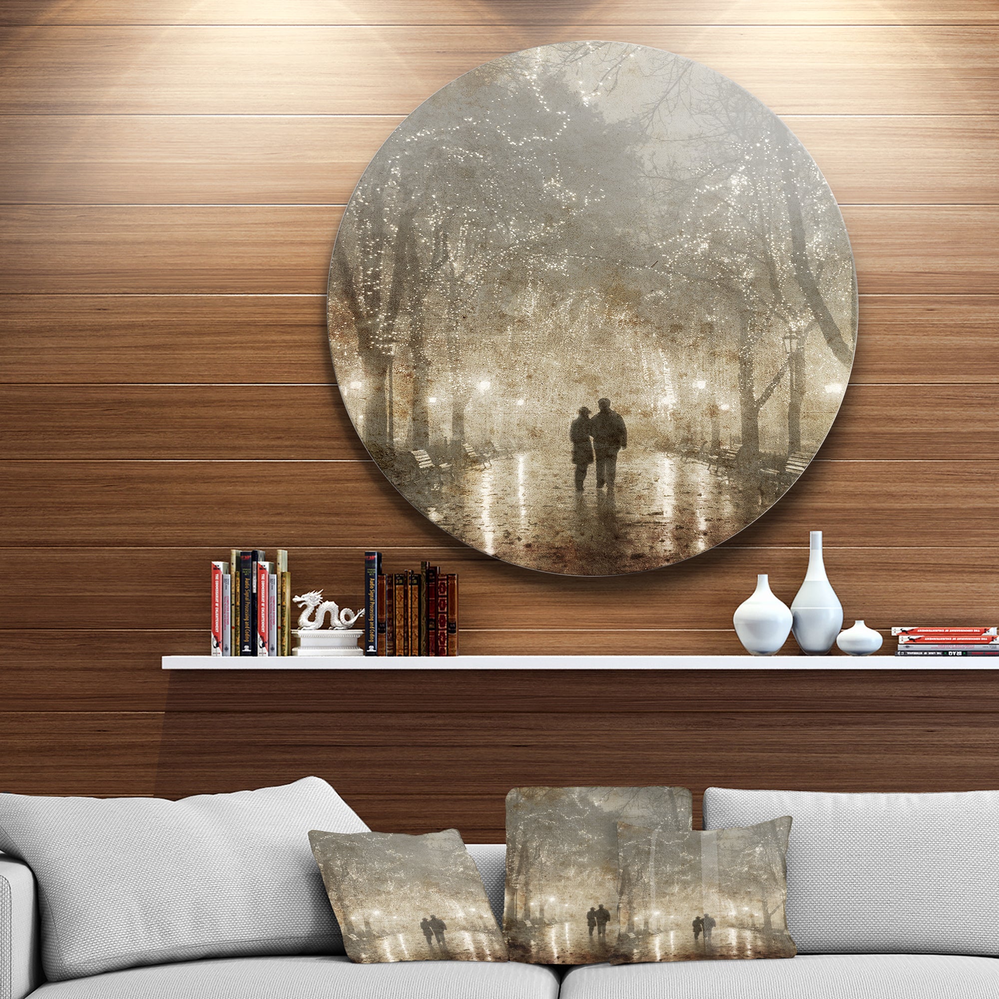 Couple Walking in Night Lights' Landscape Photography Circle Circle Metal Wall Art