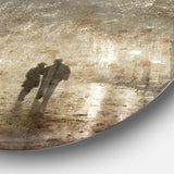 Couple Walking in Night Lights' Landscape Photography Circle Circle Metal Wall Art