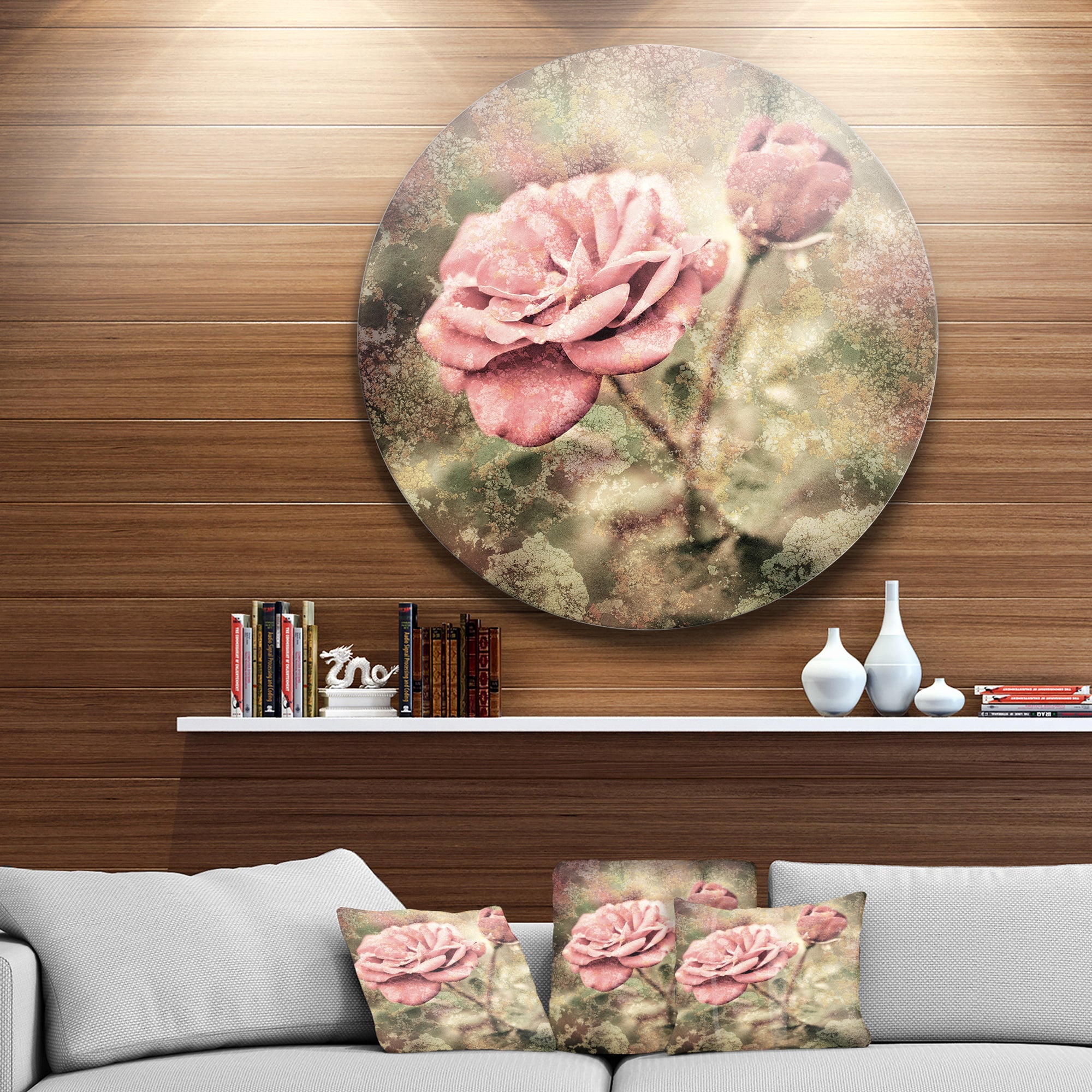 Vintage Pink Roses with Water Drops' Floral Circle Metal Wall Art