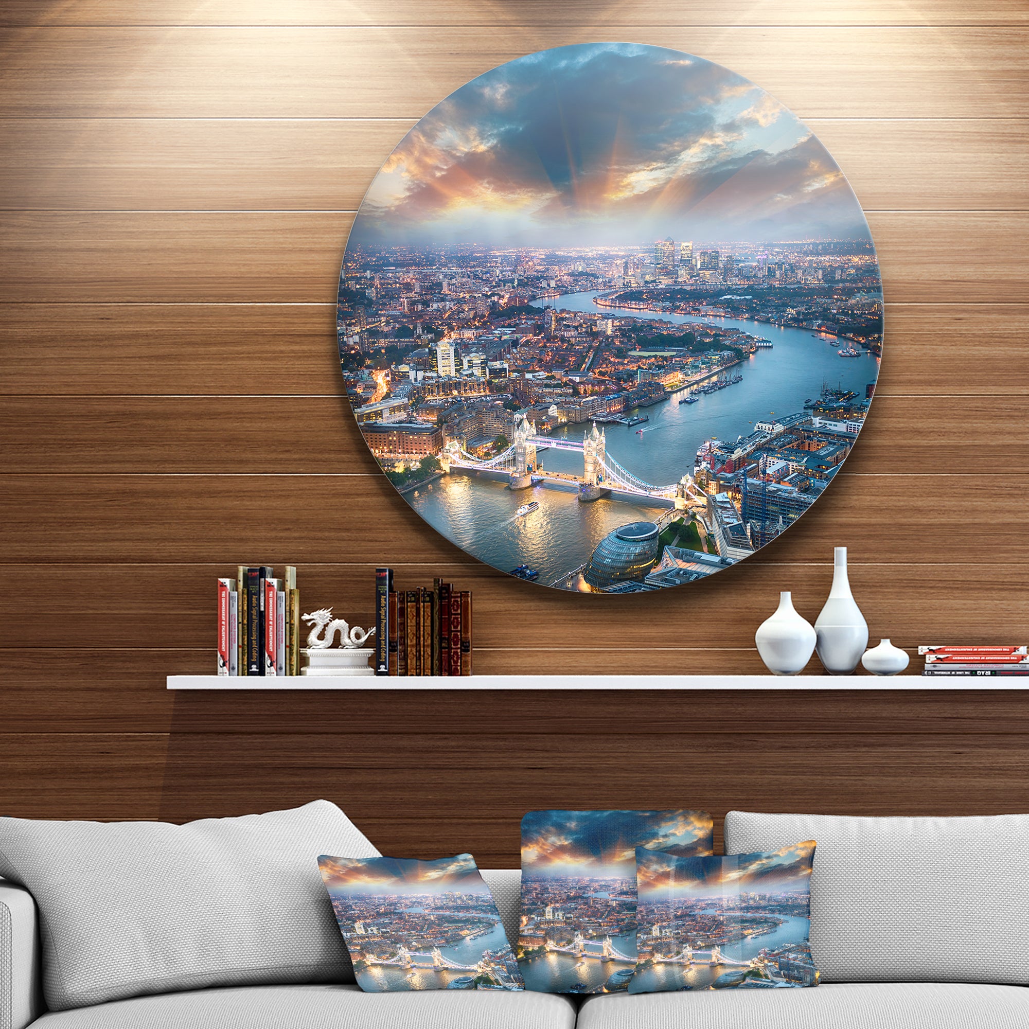 Aerial View of London at Dusk' Cityscape Photo Circle Metal Wall Art