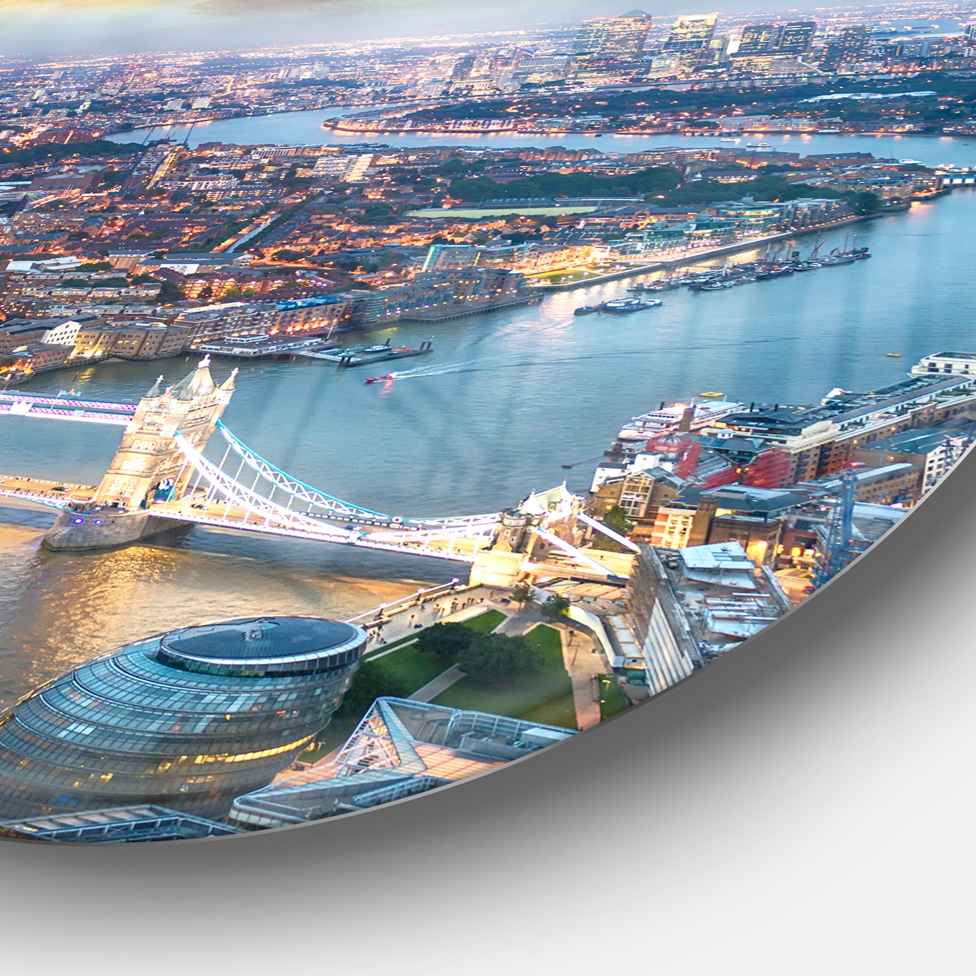 Aerial View of London at Dusk' Cityscape Photo Circle Metal Wall Art