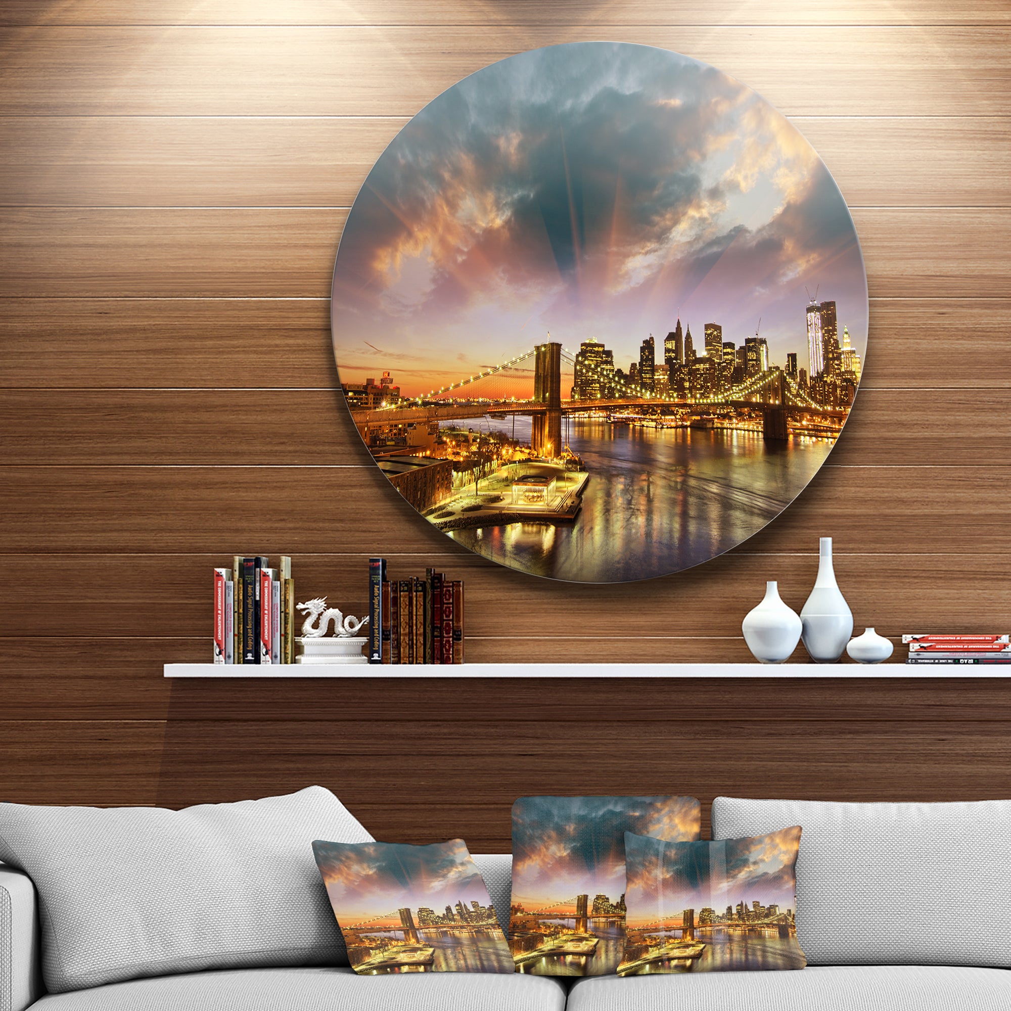 Manhattan at Winter Sunset' Cityscape Photo Circle Metal Wall Art