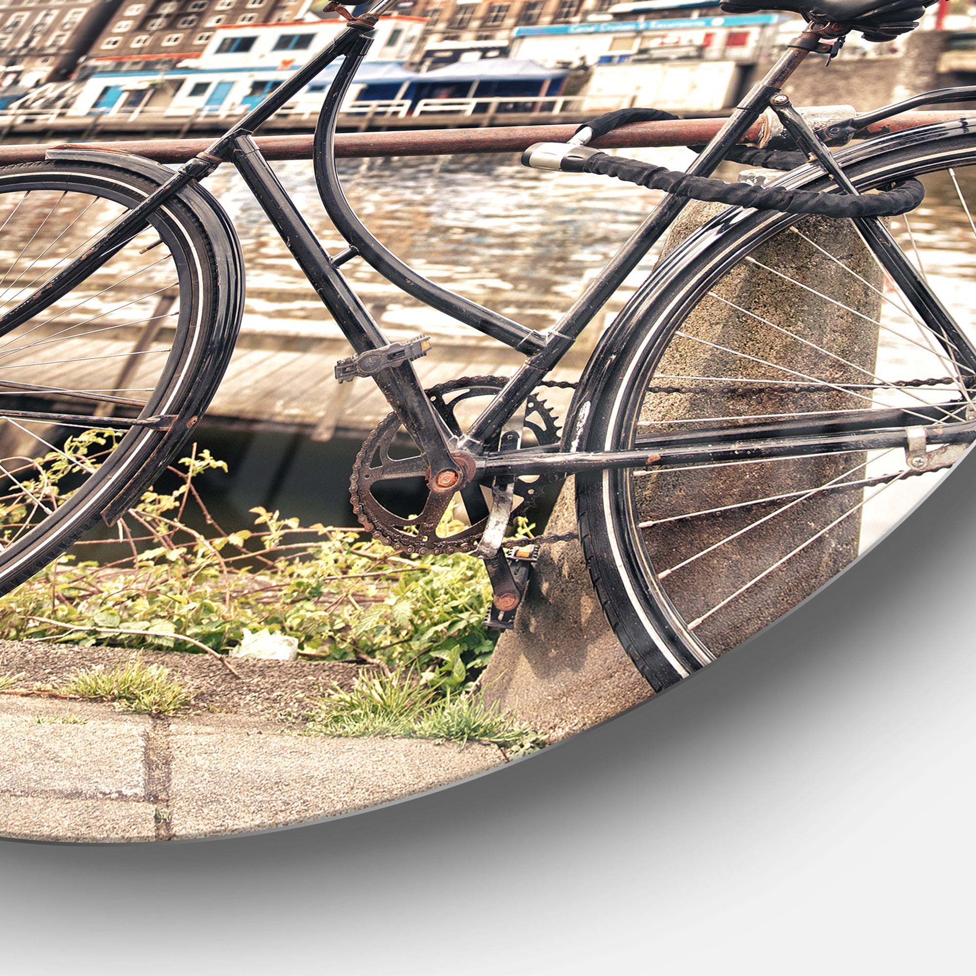Bike Over Bridge in Amsterdam' Cityscape Photo Circle Metal Wall Art
