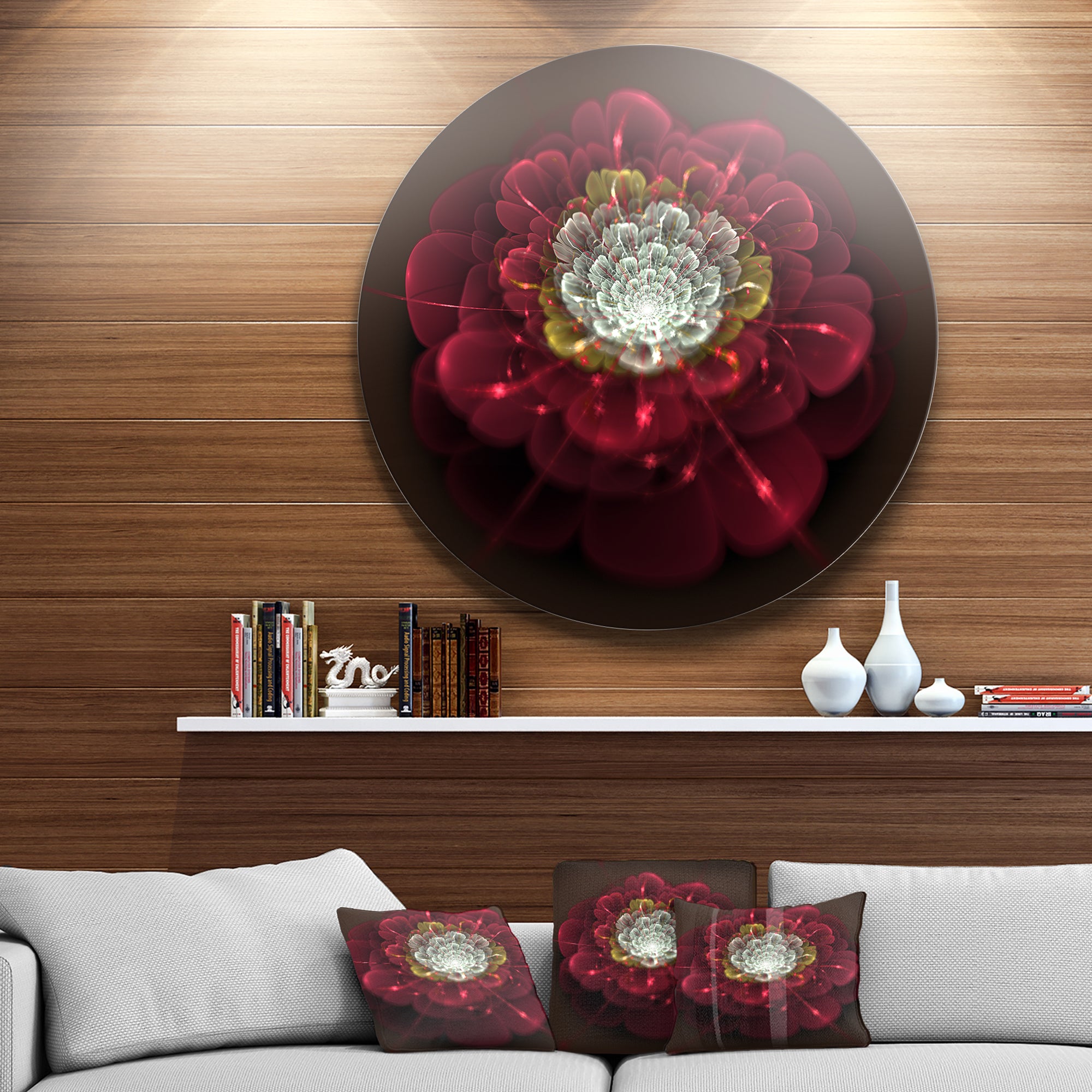 Red Fractal Flower with White' Floral Circle Metal Wall Art