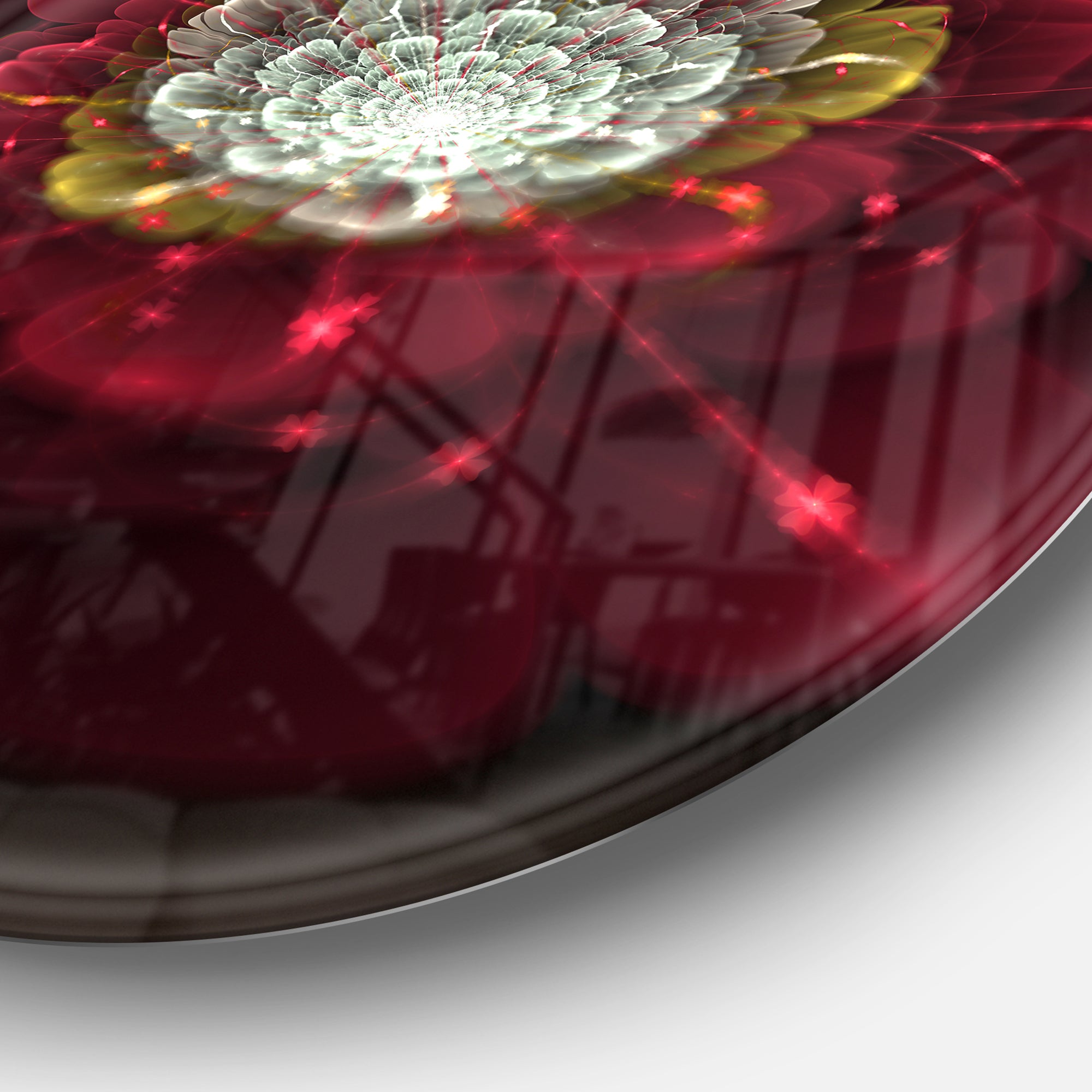 Red Fractal Flower with White' Floral Circle Metal Wall Art