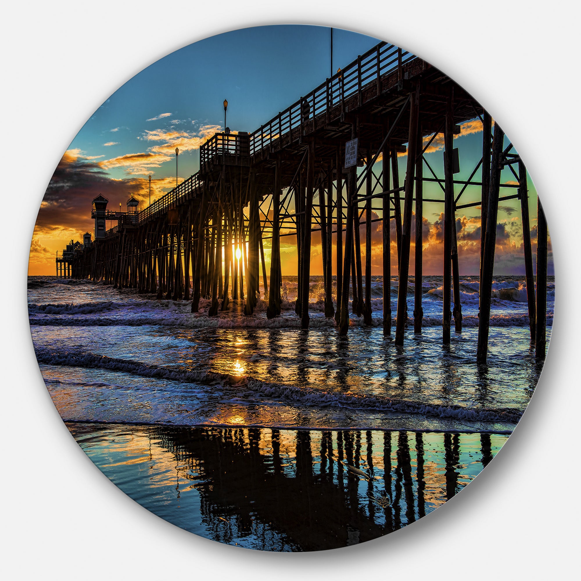 Oceanside Pier at Evening' Landscape Photography Circle Metal Wall Art