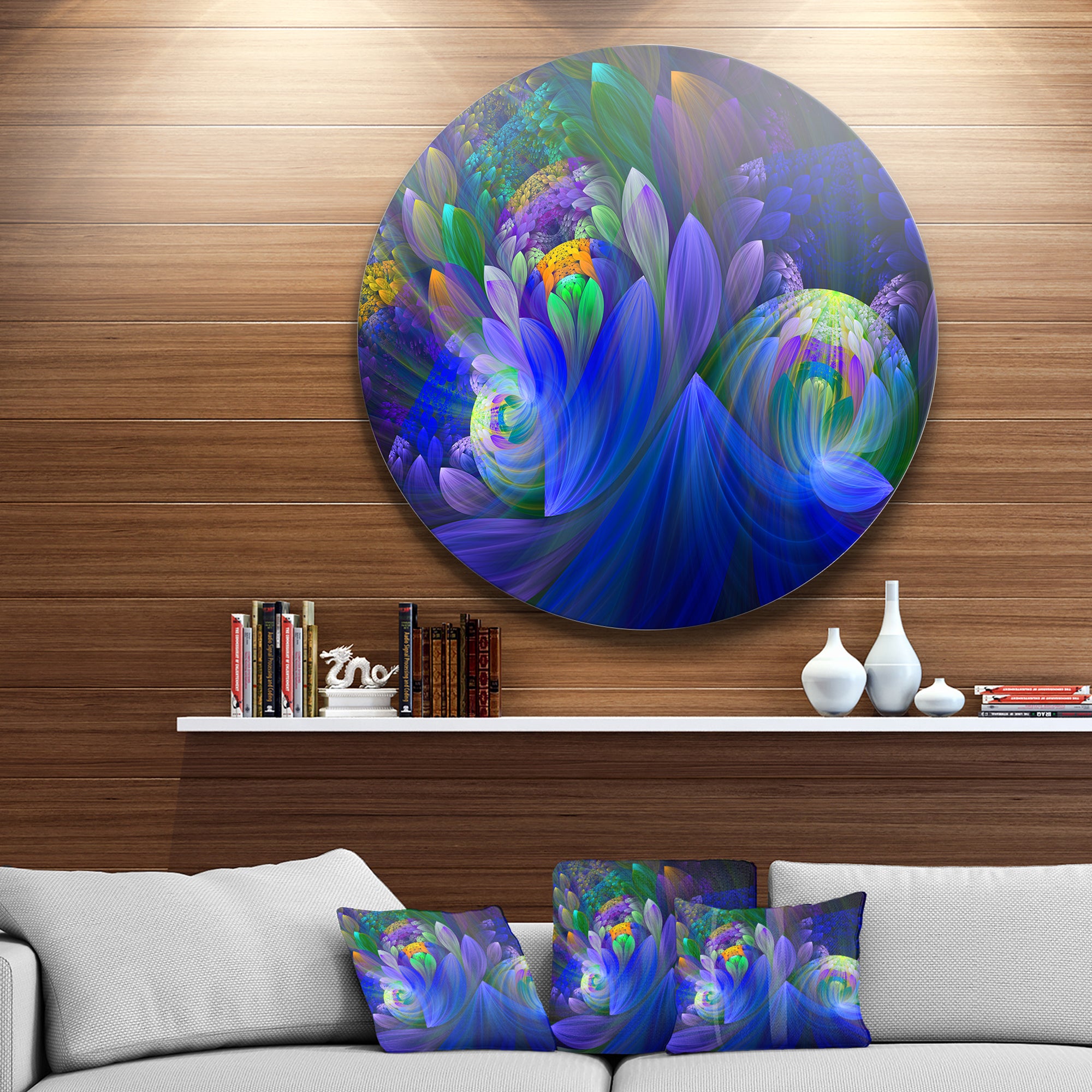 Blue Fractal Flower Bouquet' Floral Circle Metal Wall Art