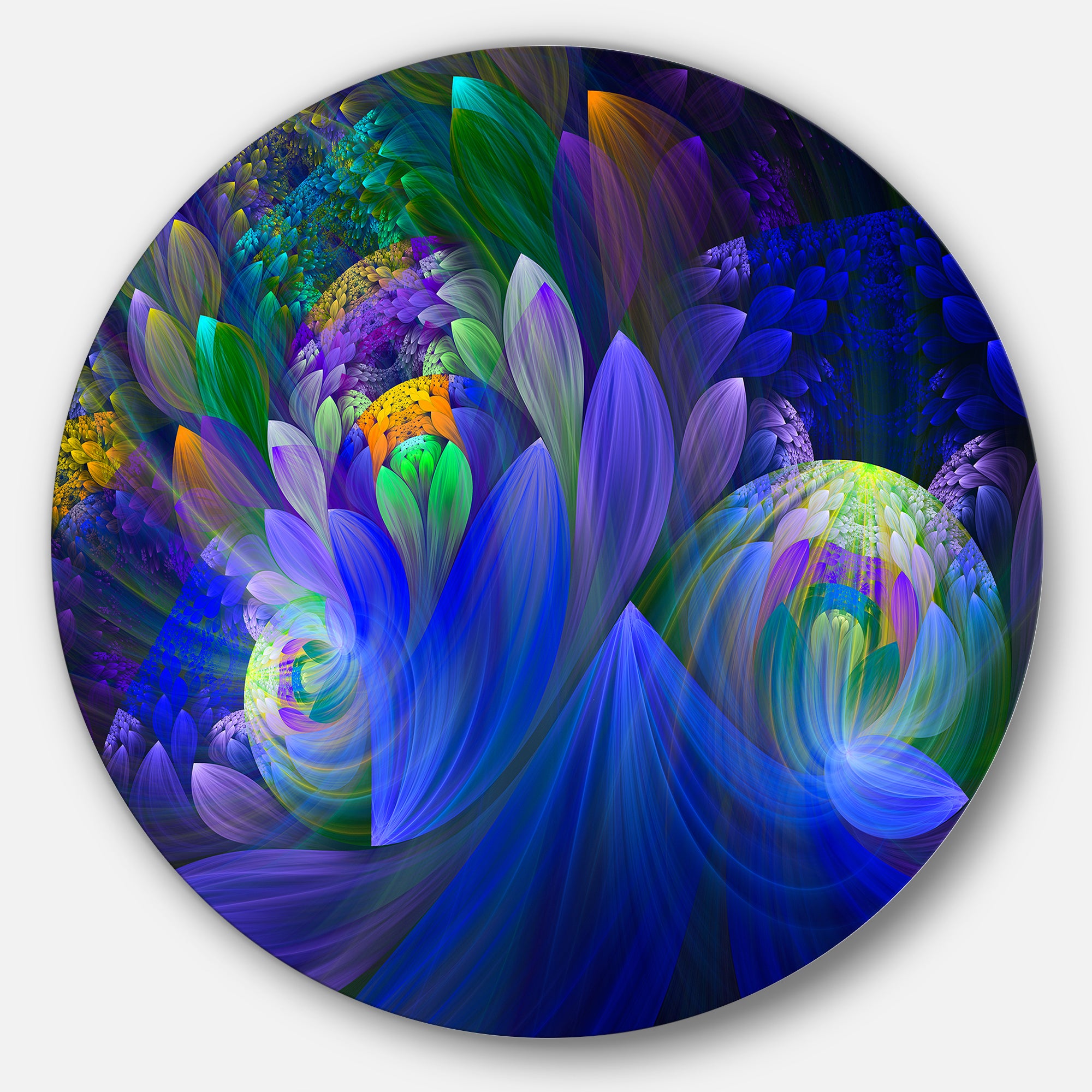 Blue Fractal Flower Bouquet' Floral Circle Metal Wall Art