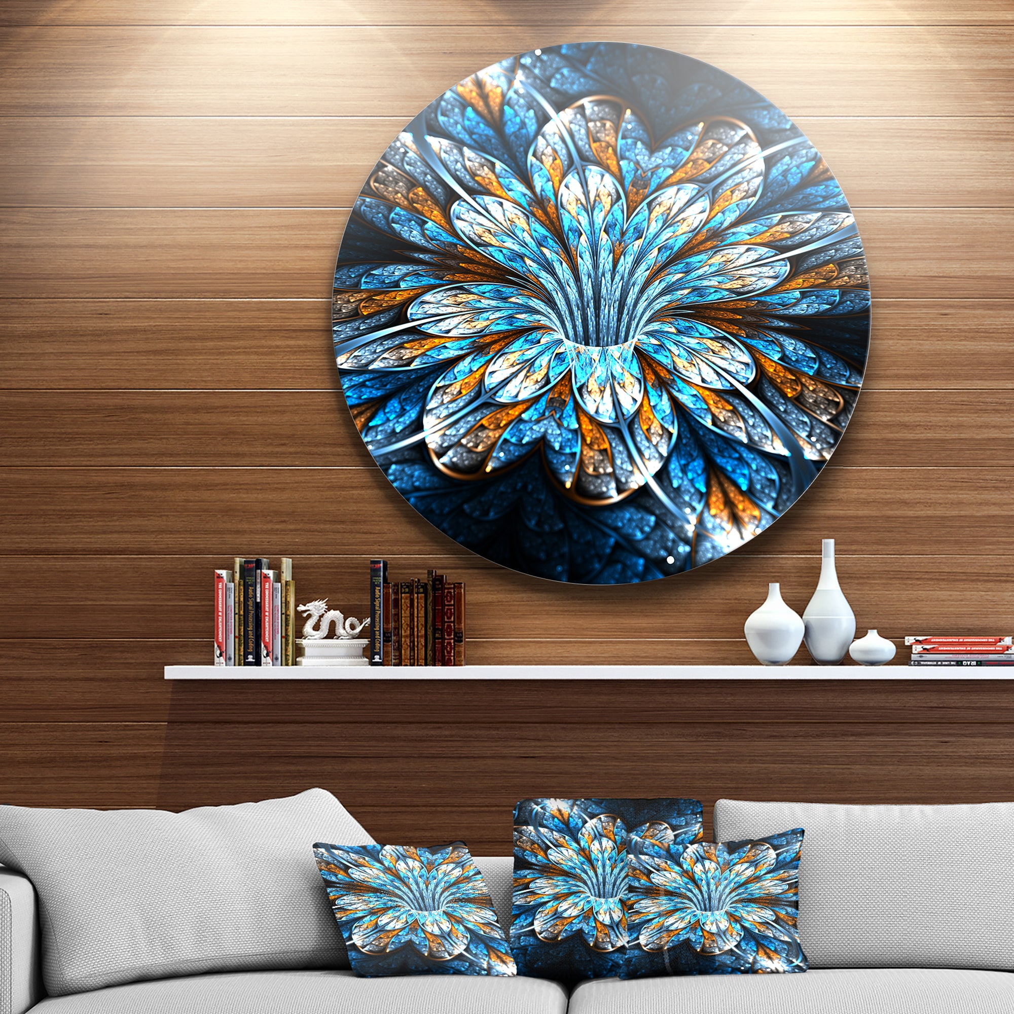 Turquoise Fractal Flower in Dark' Floral Circle Metal Wall Art