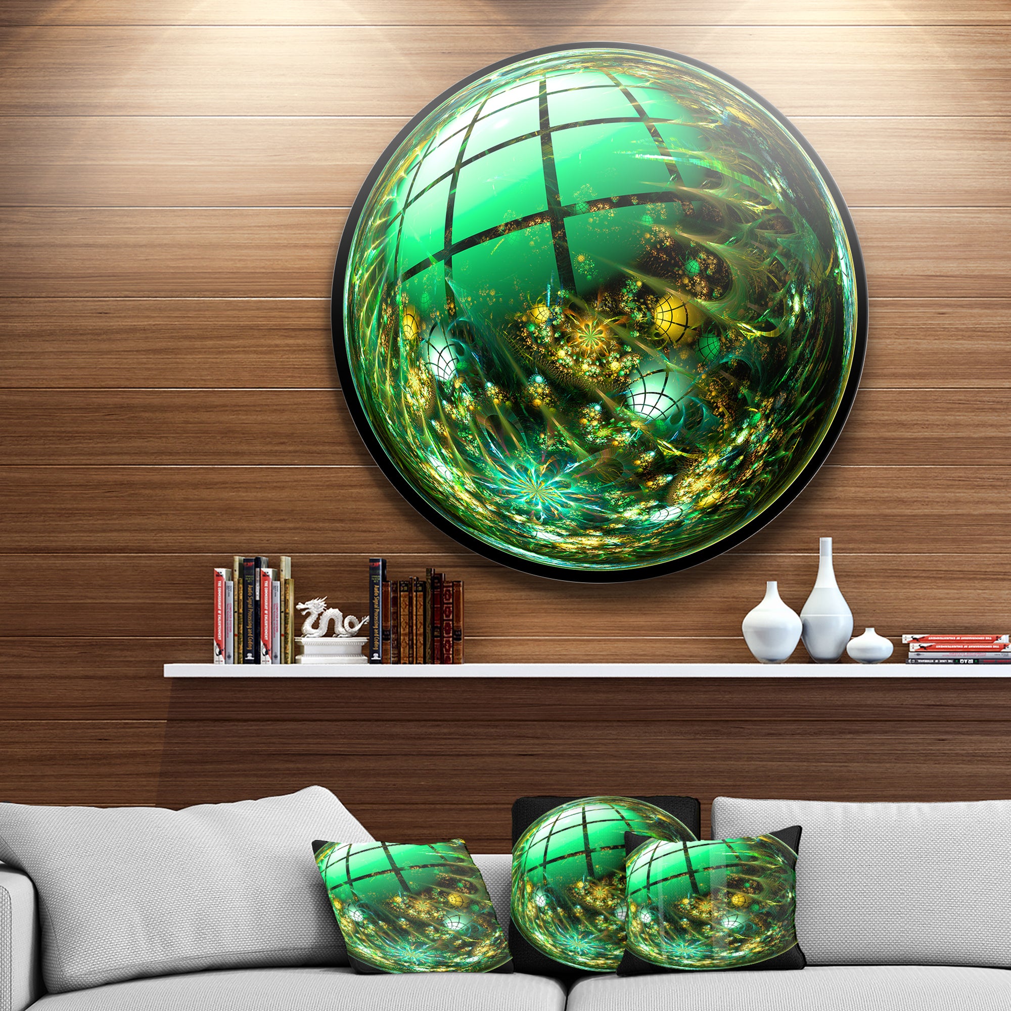 Bright Green Fractal Sphere' Abstract Circle Metal Wall Art