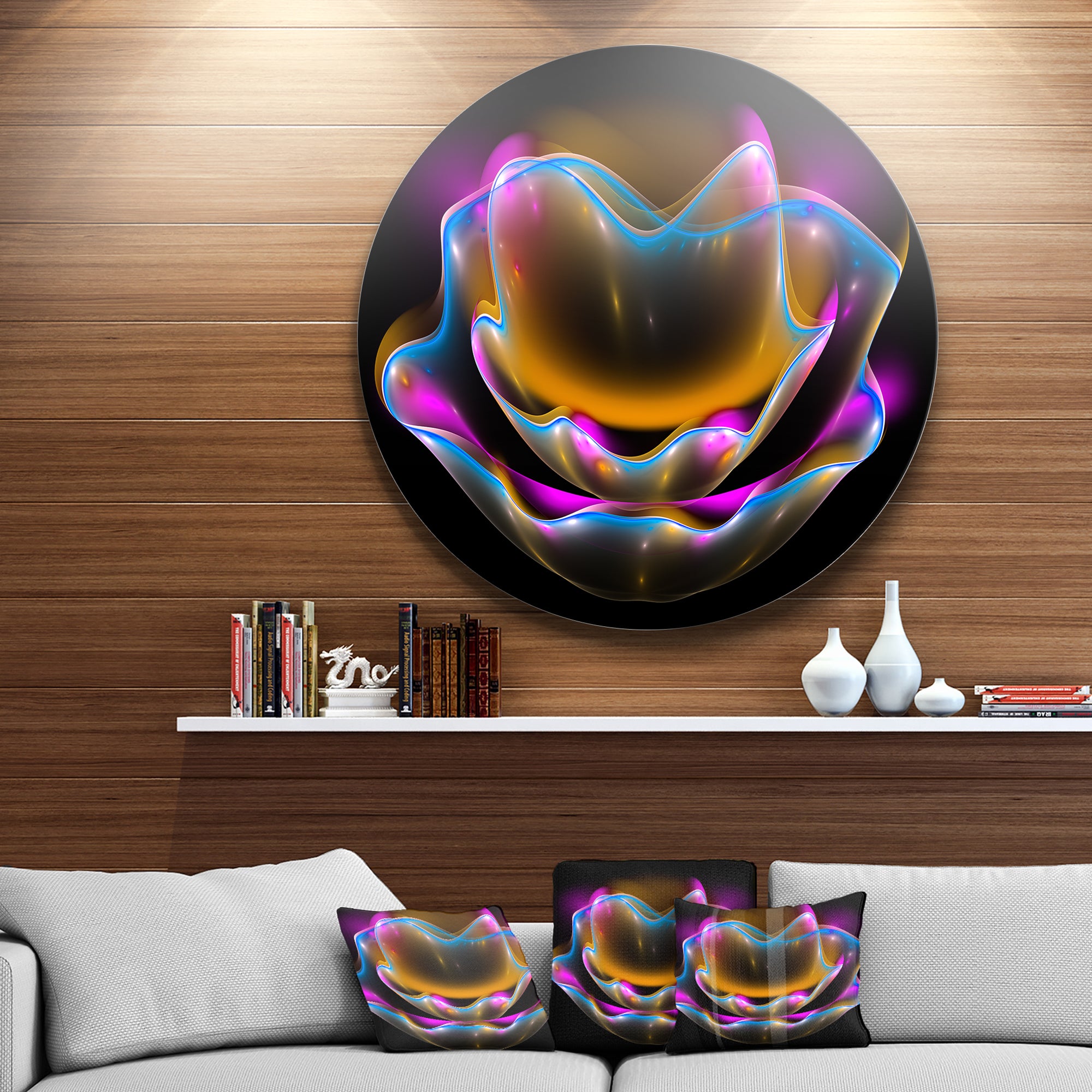 Colorful Fractal Flower in Dark' Floral Circle Metal Wall Art