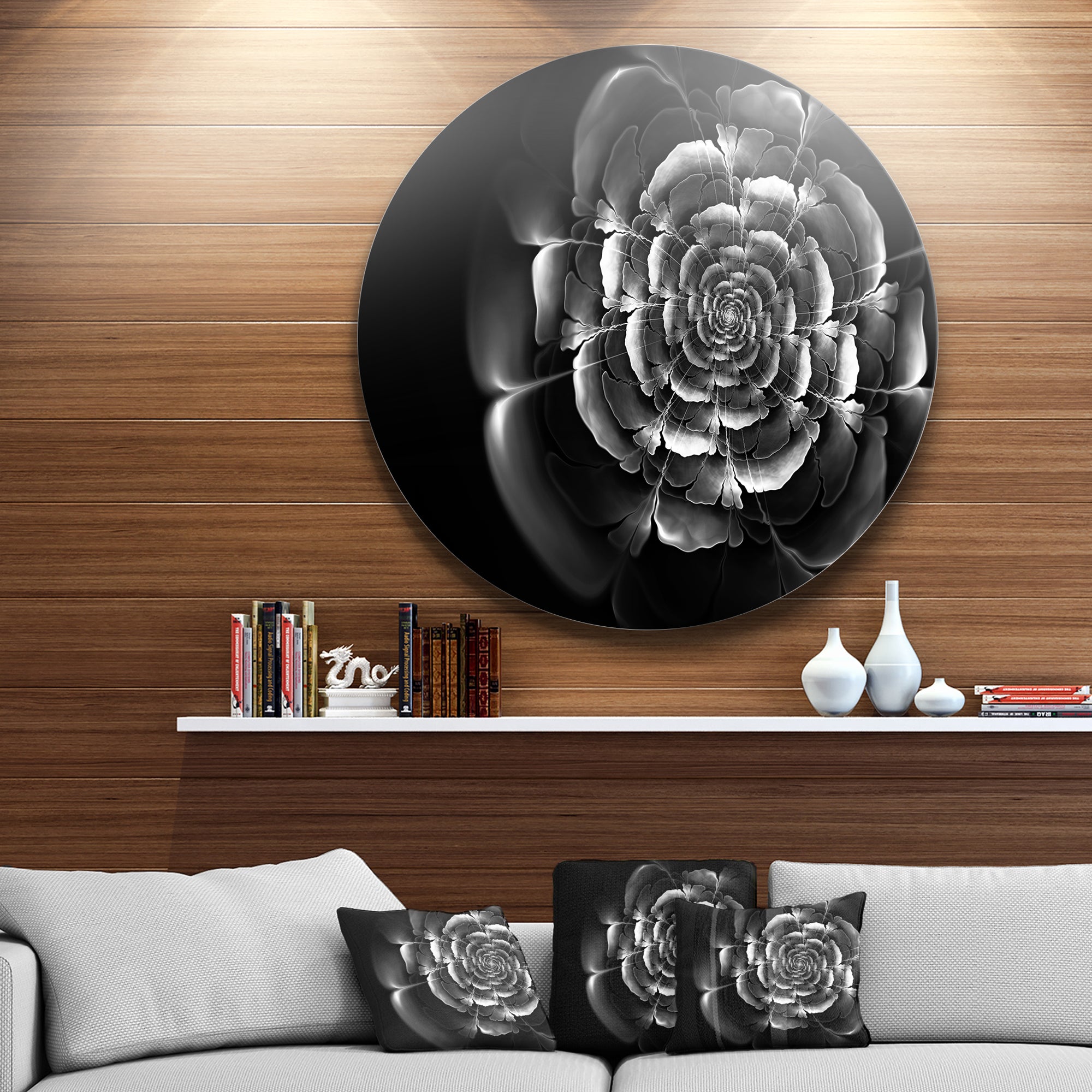 Fractal Silver Rose in Dark' Floral Circle Metal Wall Art