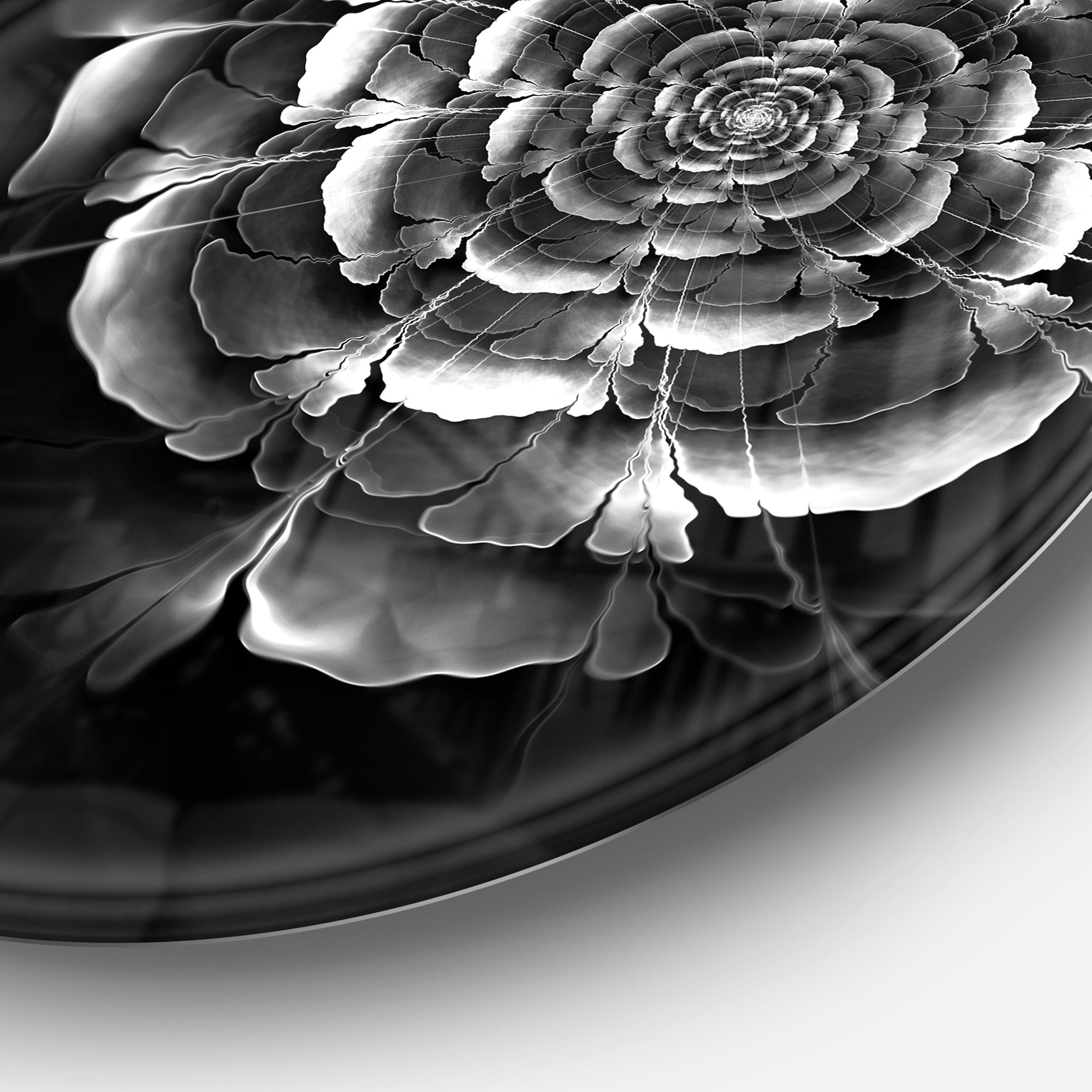 Fractal Silver Rose in Dark' Floral Circle Metal Wall Art