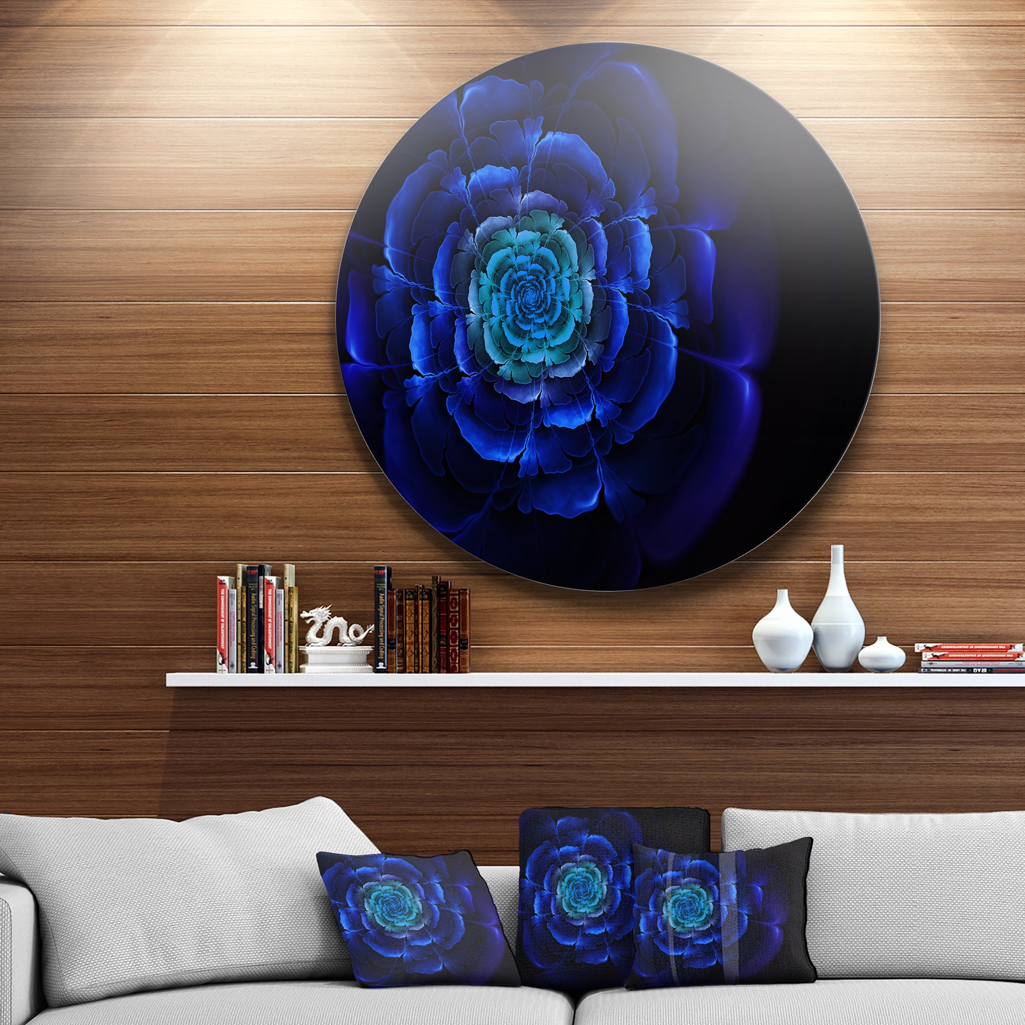 Fractal Silver Blue in Dark' Floral Circle Metal Wall Art