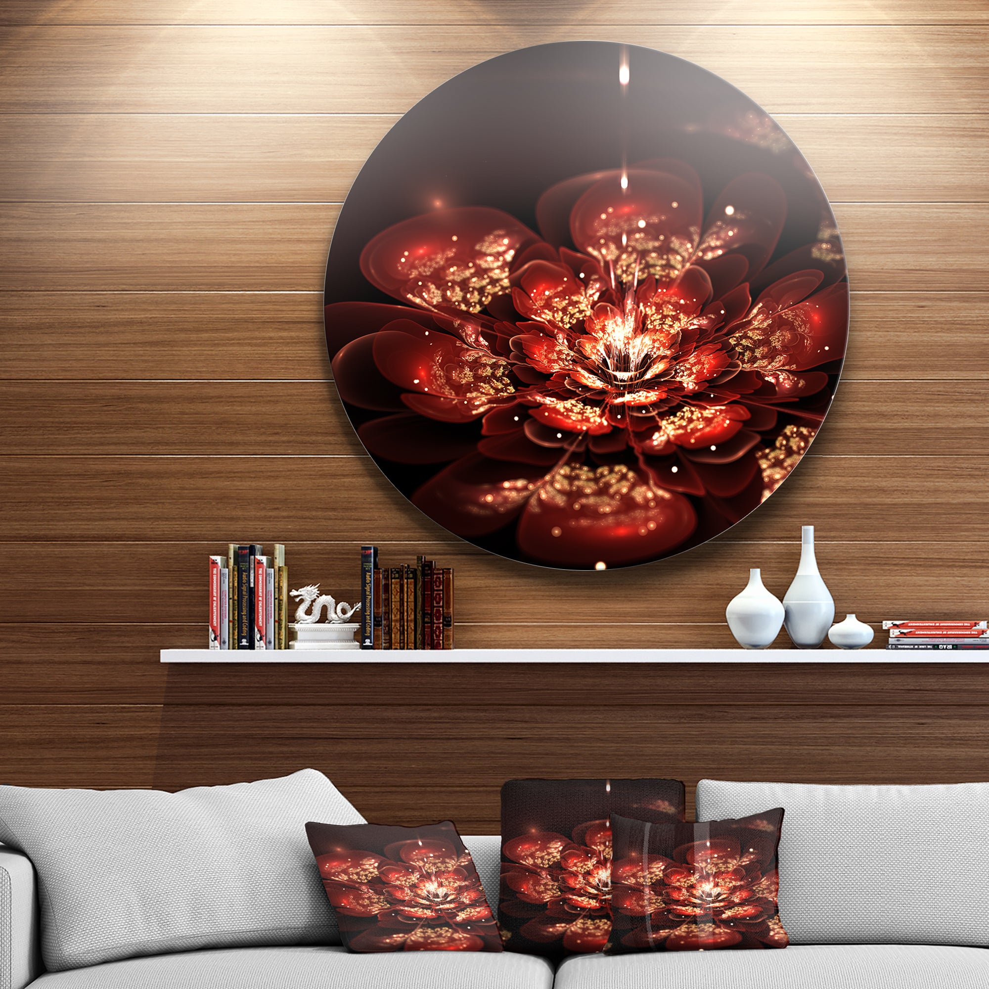 Red Flowers in Fractal Pattern' Floral Circle Metal Wall Art