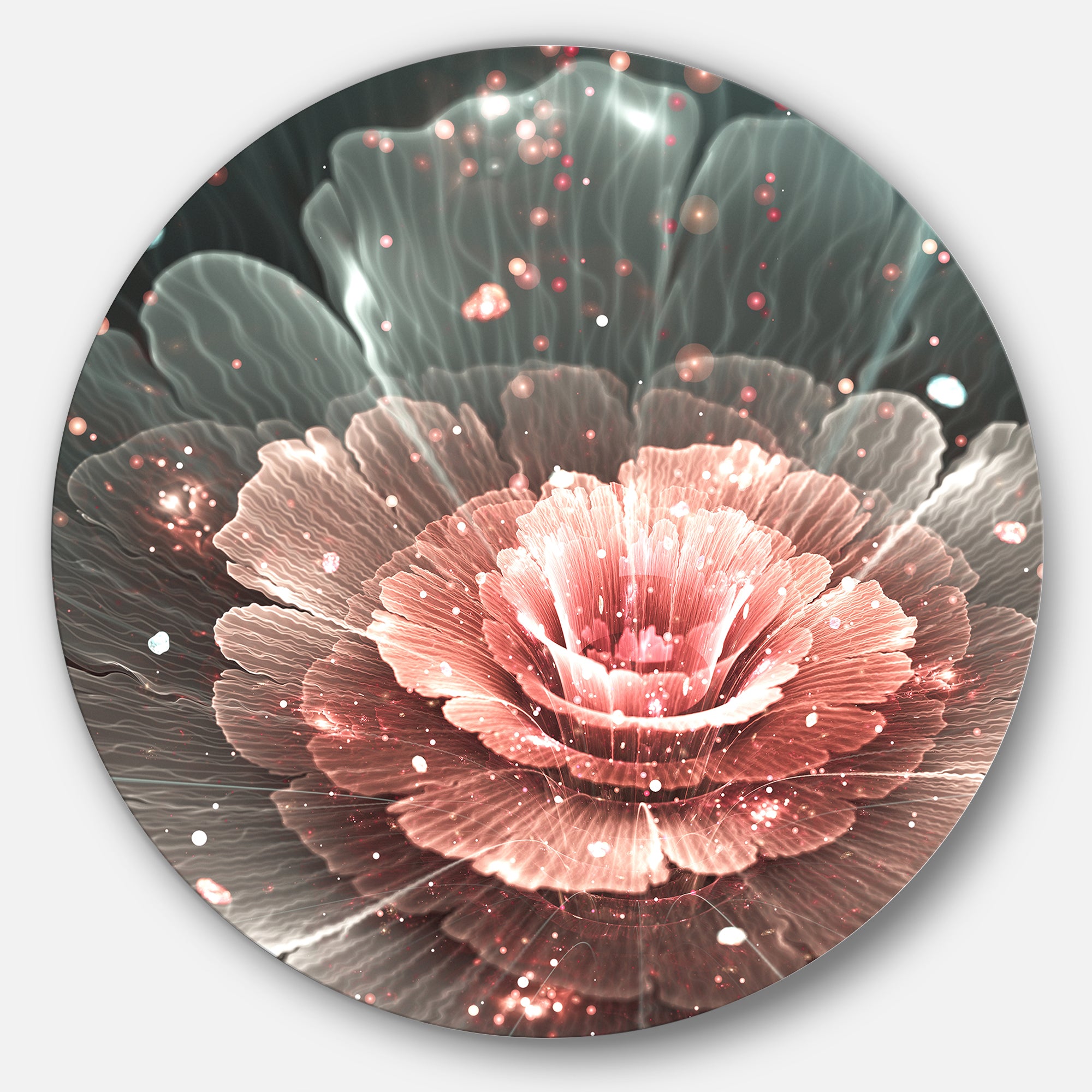 Abstract Fractal Pink Gray Flower' Floral Circle Metal Wall Art