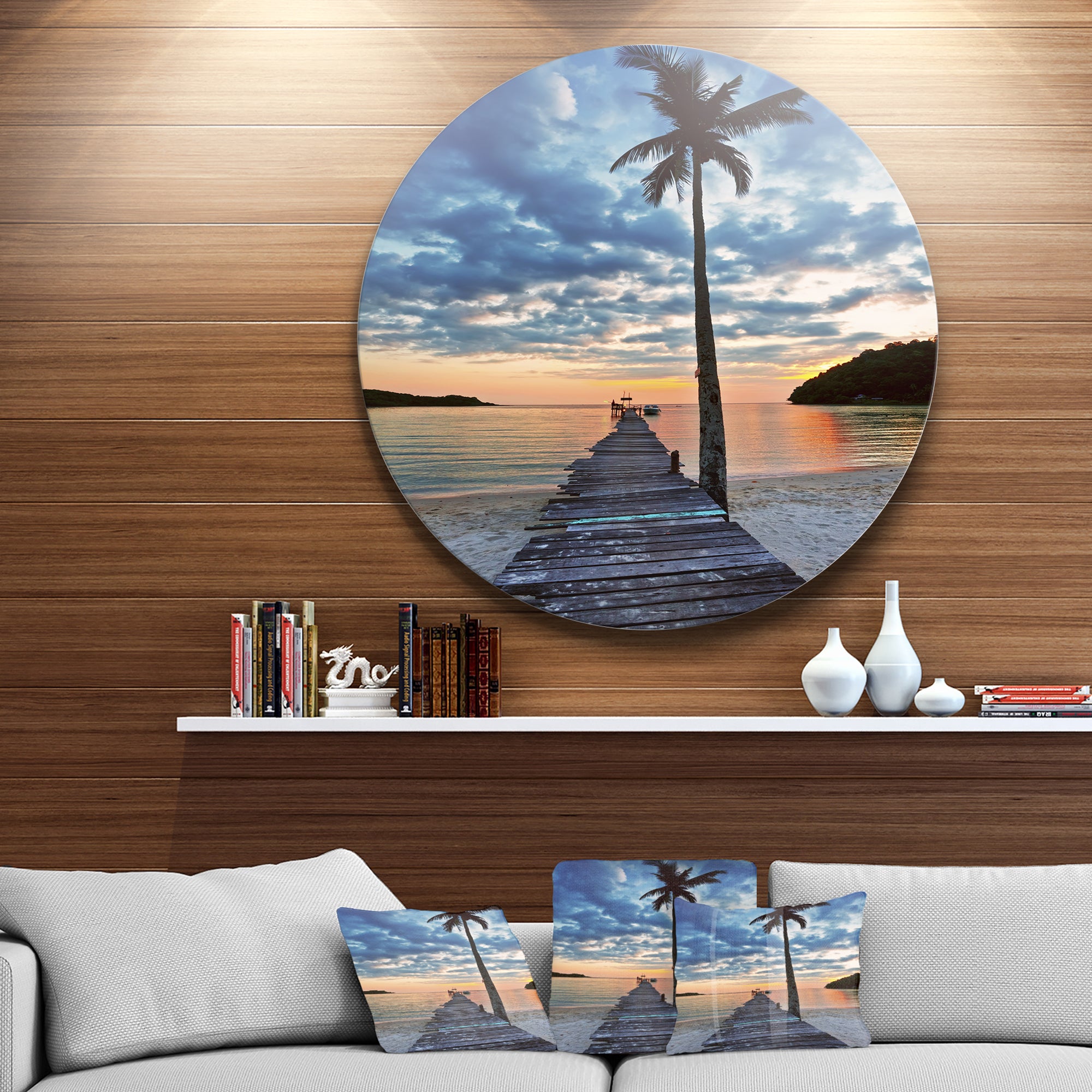 Wooden Pier and Palm Tree' Seashore Photo Circle Metal Wall Art