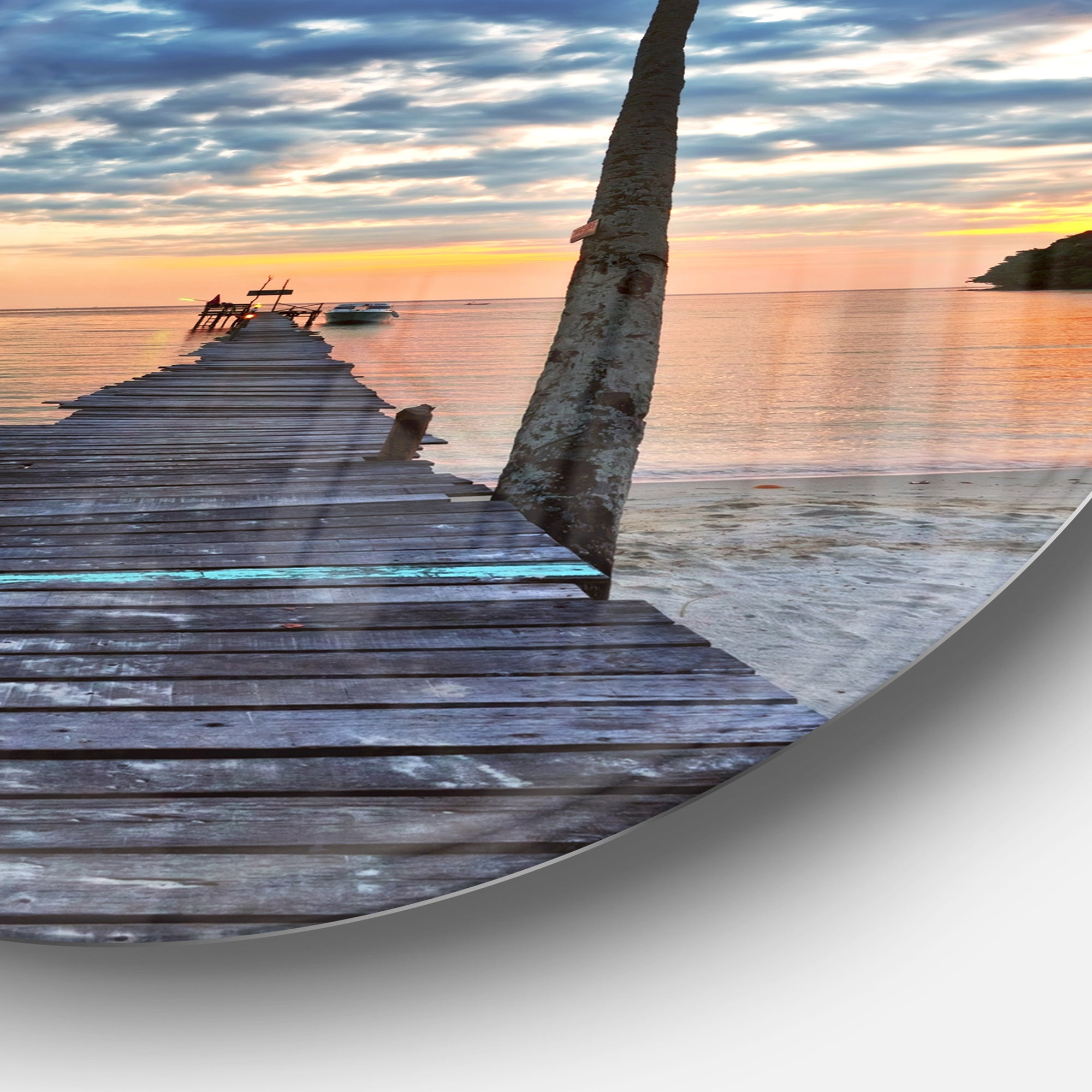 Wooden Pier and Palm Tree' Seashore Photo Circle Metal Wall Art