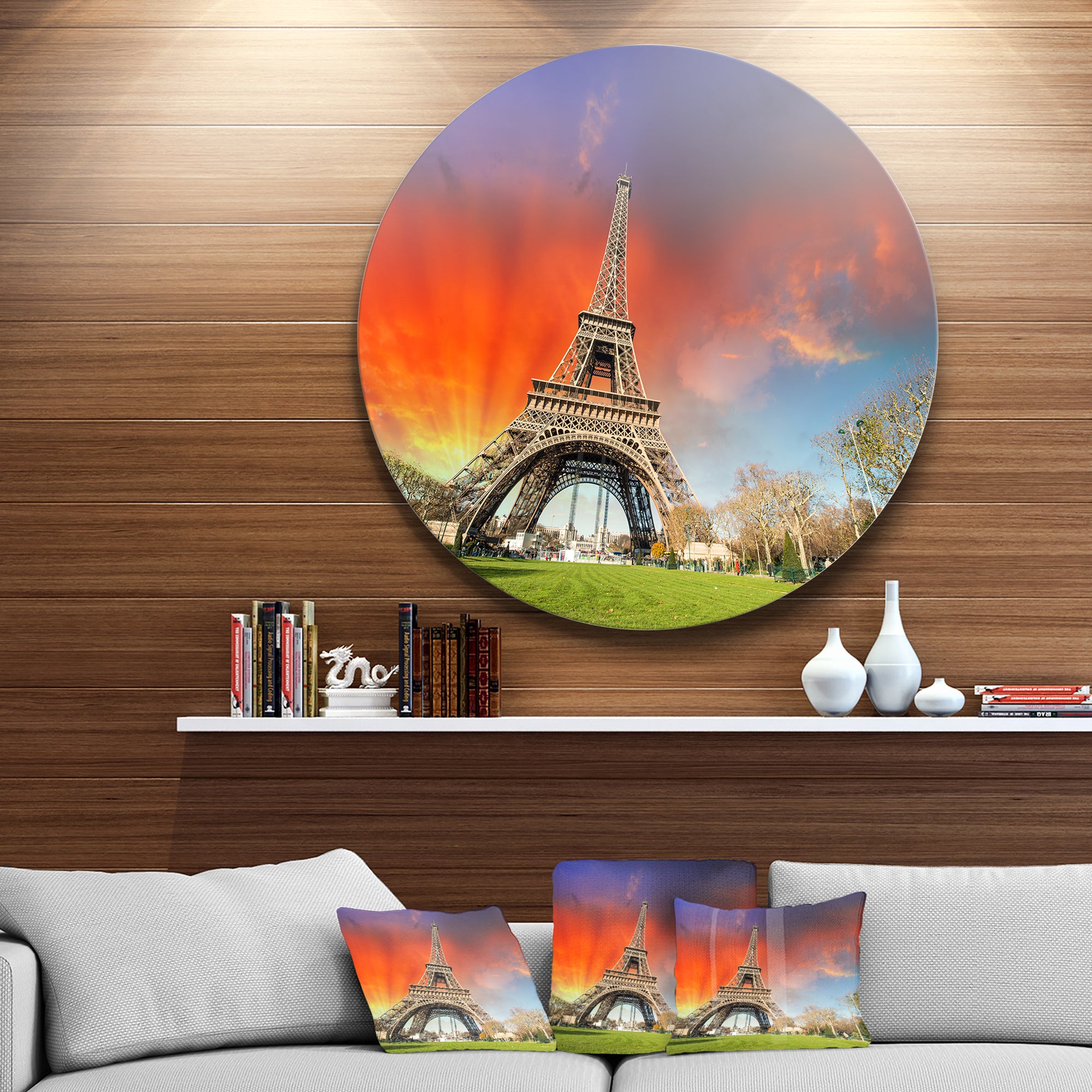 Paris Eiffel TowerUnder Colorful Sky' Landscape Photo Circle Metal Wall Art